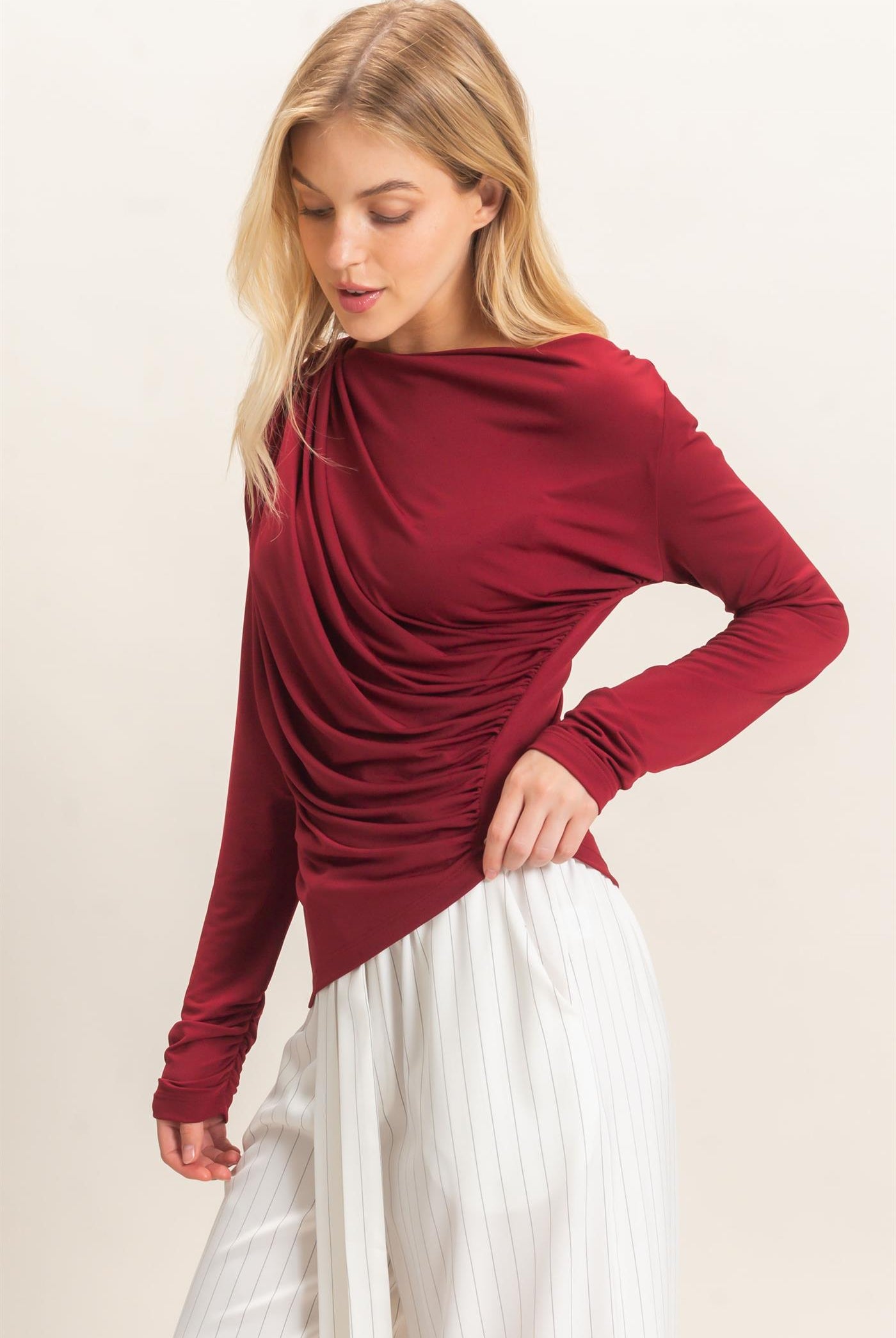 Wholesale Asymmetrical Ruched Long Sleeve Top Clothing Tops HF26C683 DARK RED HYFVE