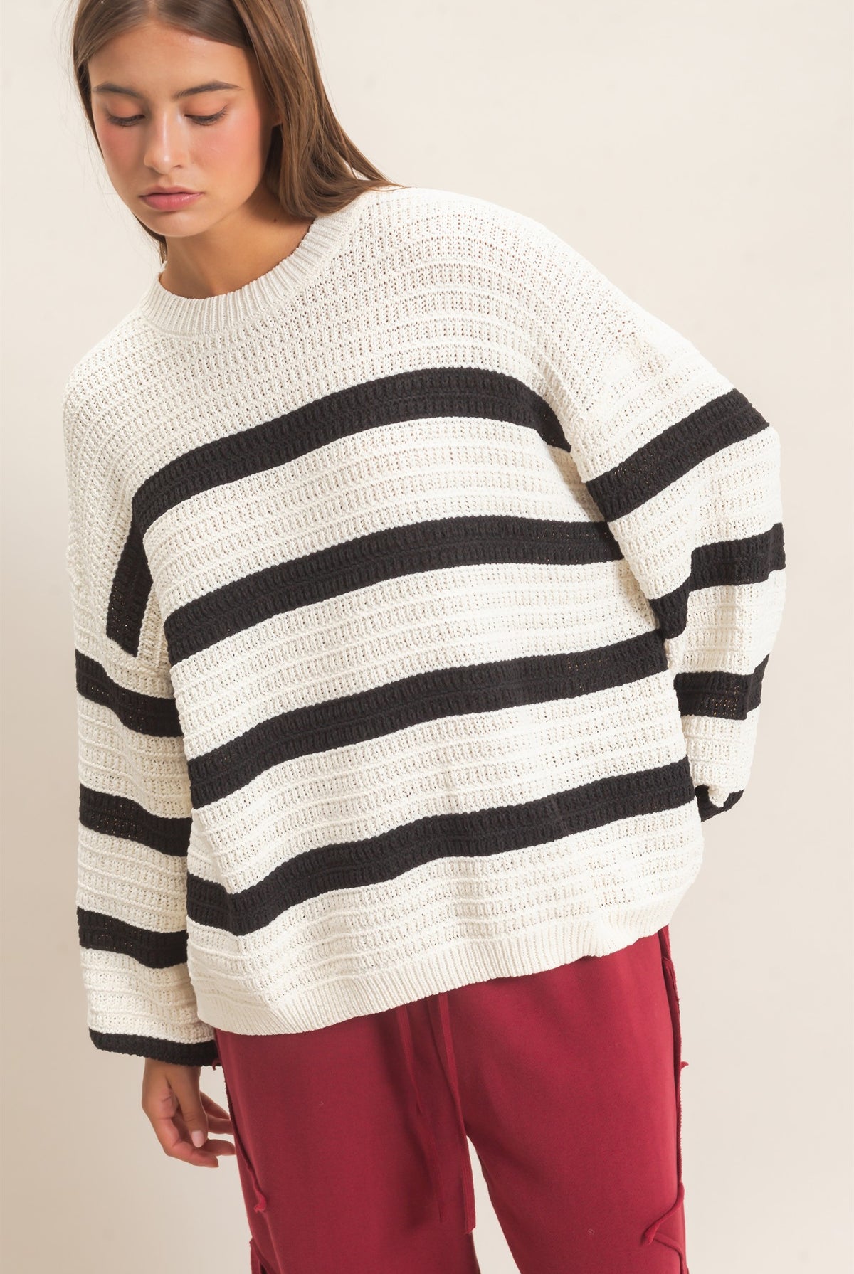 Wholesale Striped Oversized Sweater Sweaters DZ27A192 CREAM DOUBLE ZERO