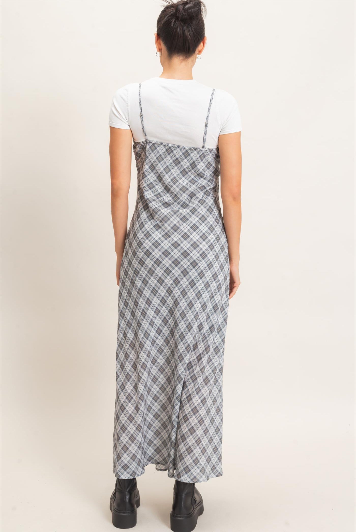 Wholesale Plaid Spaghetti Strap Maxi Dress Dresses HF26E573 GRAY HYFVE