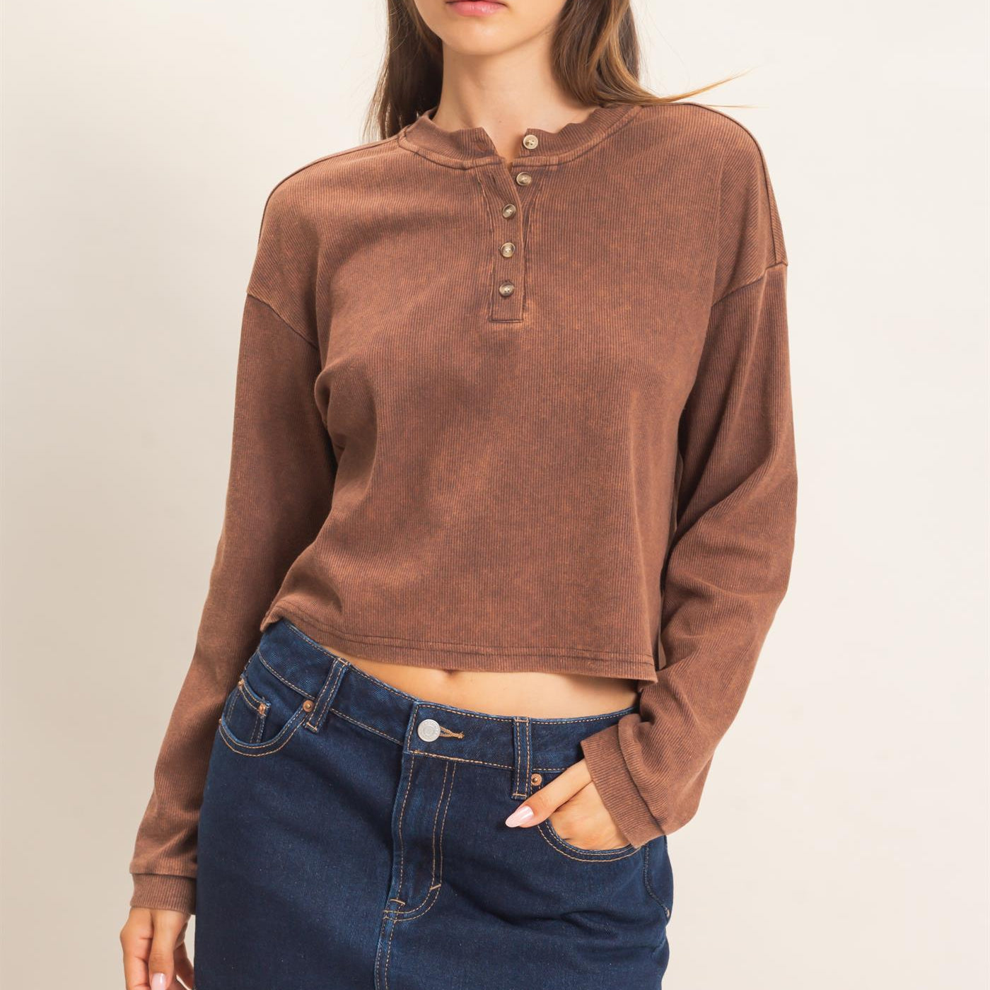 Wholesale Buttoned Henley Top Clothing Tops HF26F081 BROWN HYFVE