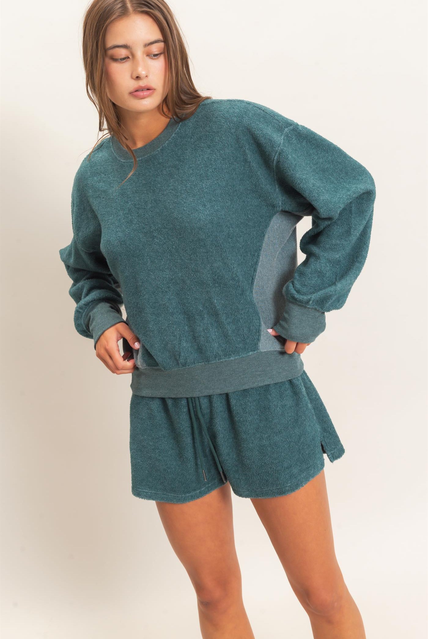Wholesale Contrast Sweatshirt & Shorts Set Clothing DZ25F478-SET DARK TEAL DOUBLE ZERO