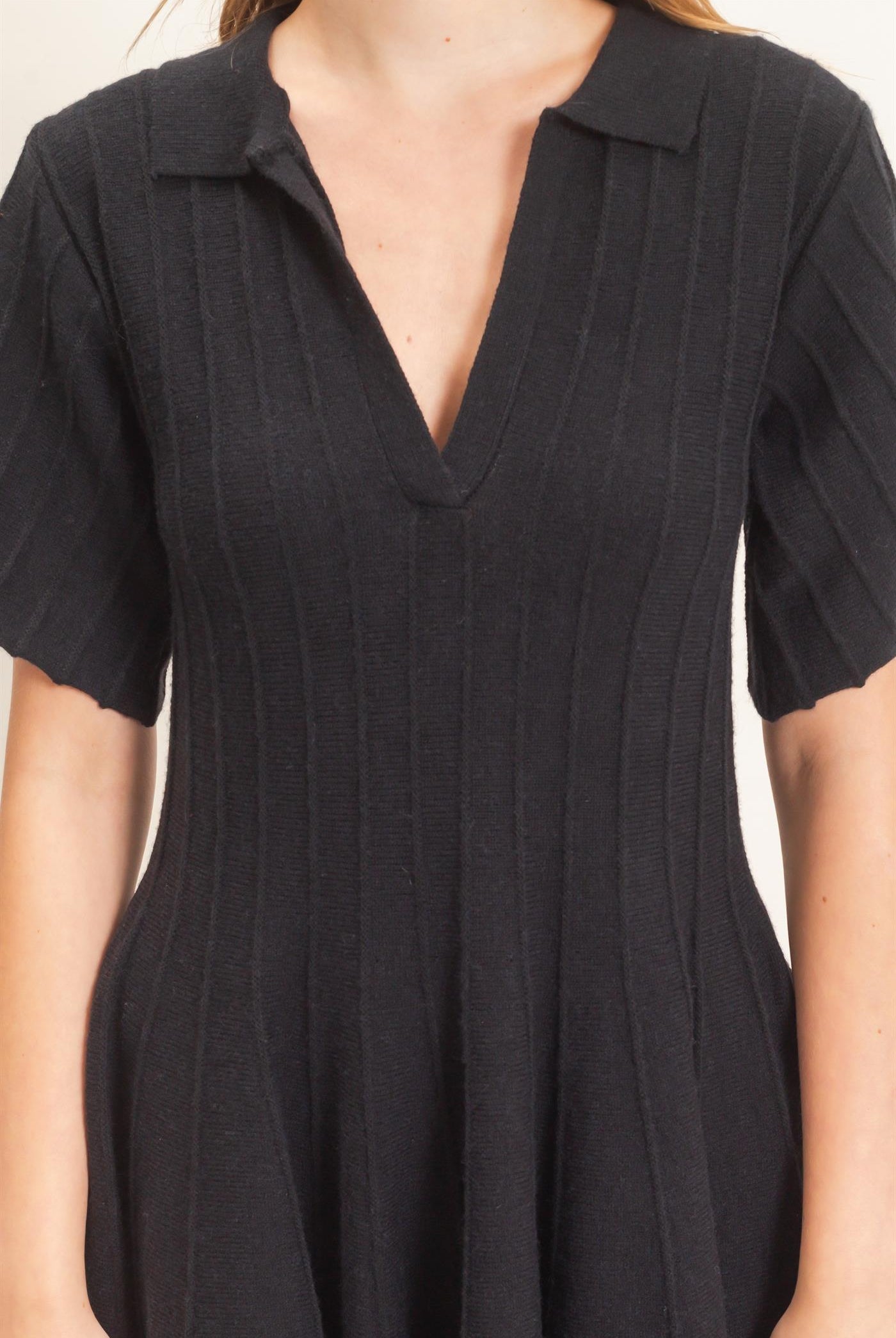 Wholesale Ribbed Knit Collared Dress Dresses HF26E365 BLACK HYFVE