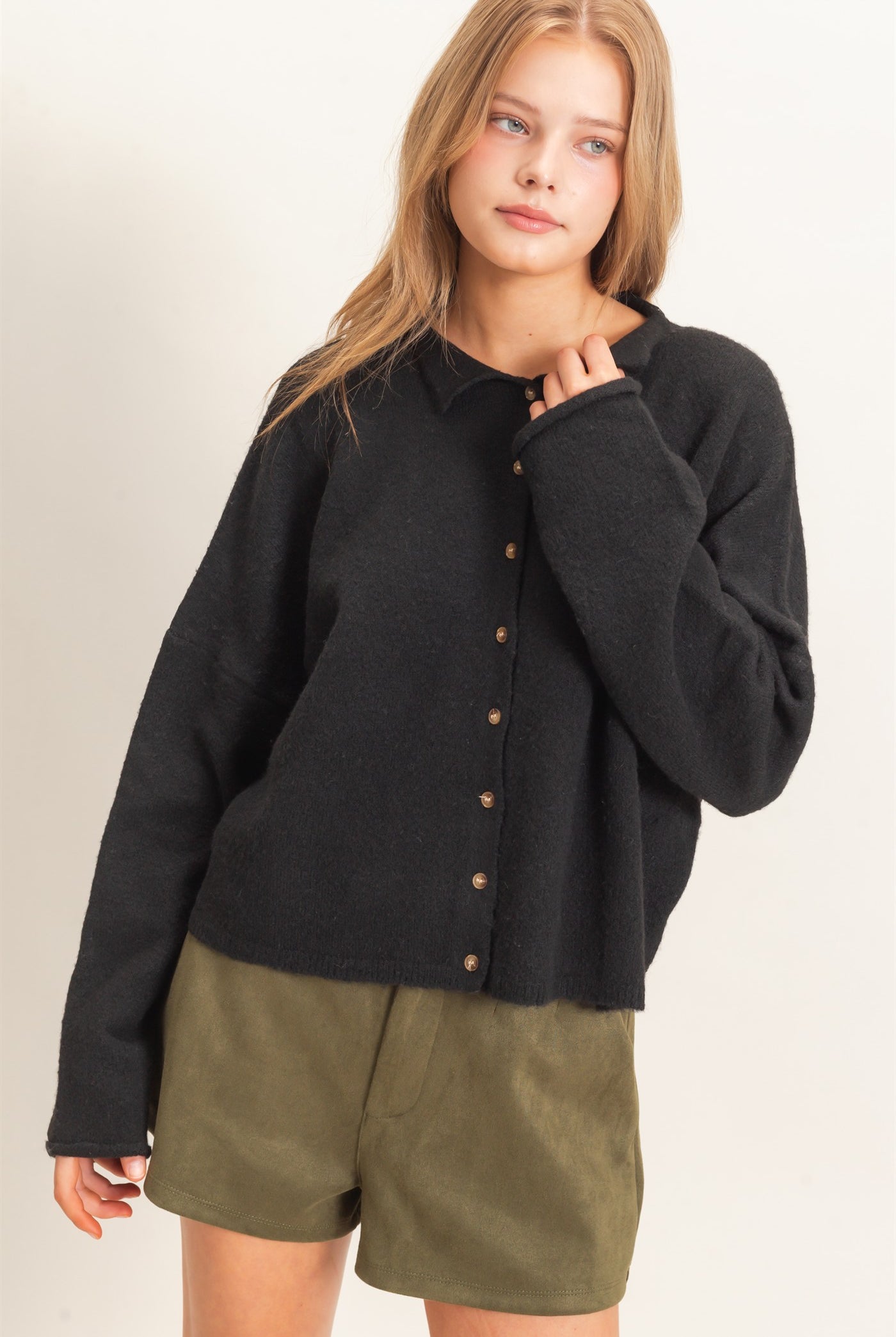 Wholesale Button-Up Collared Sweater Cardigan Cardigans HF26E039 BLACK HYFVE