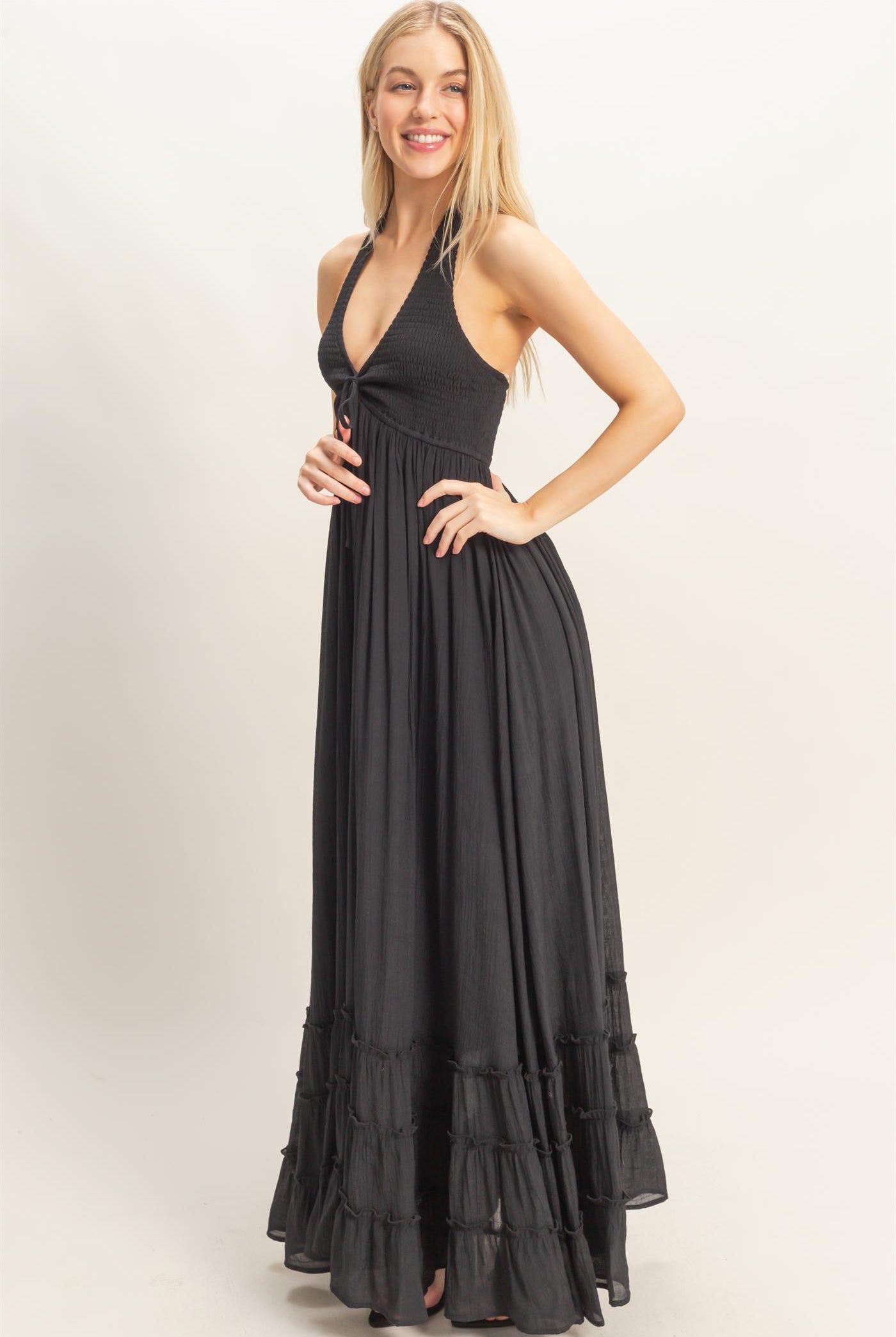 Wholesale Halter Neck Smocked Maxi Dress Dresses HF26C287-D BLACK HYFVE