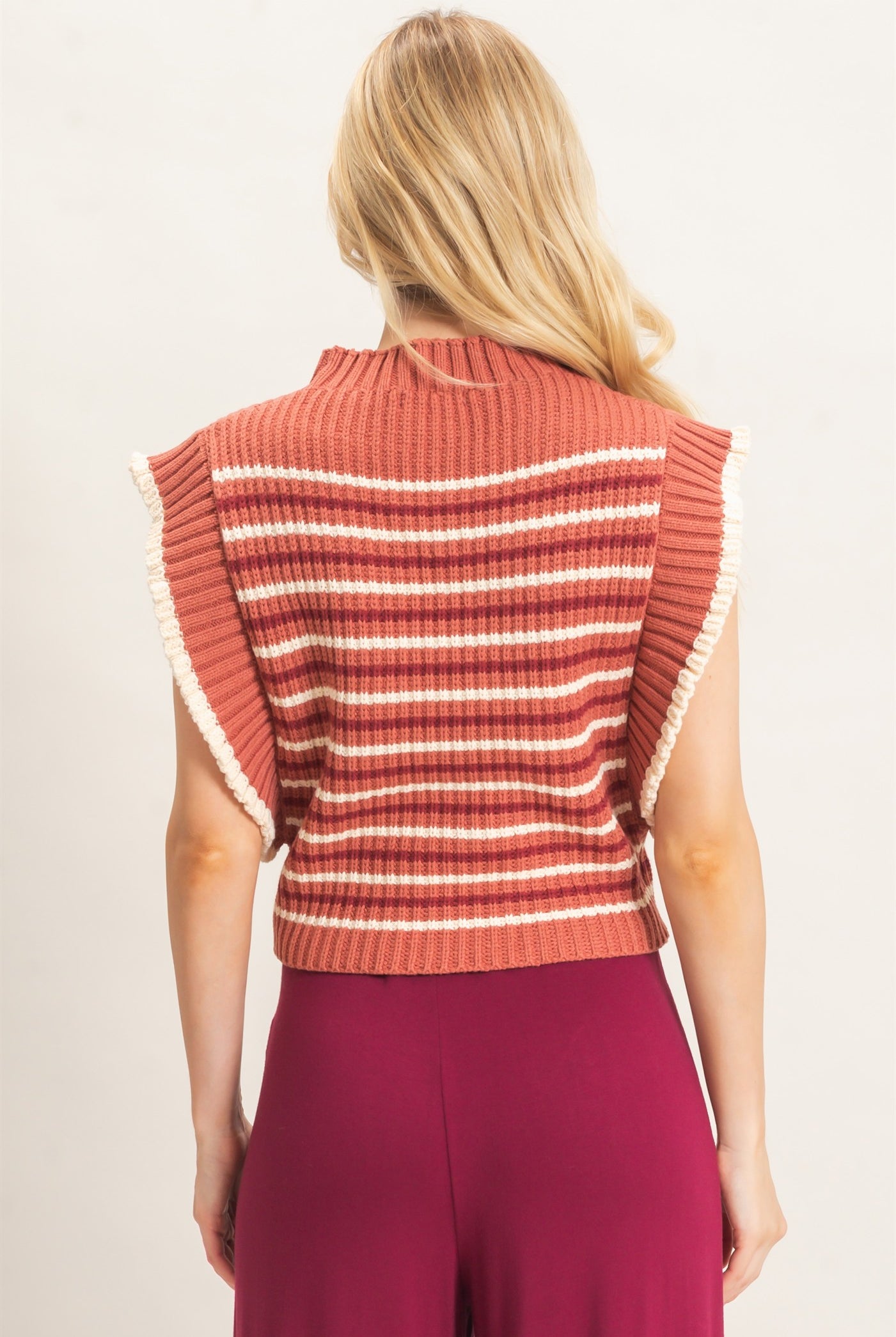 Wholesale Ribbed Ruffle Sleeve Sweater Sweaters HF26F182 RUST HYFVE