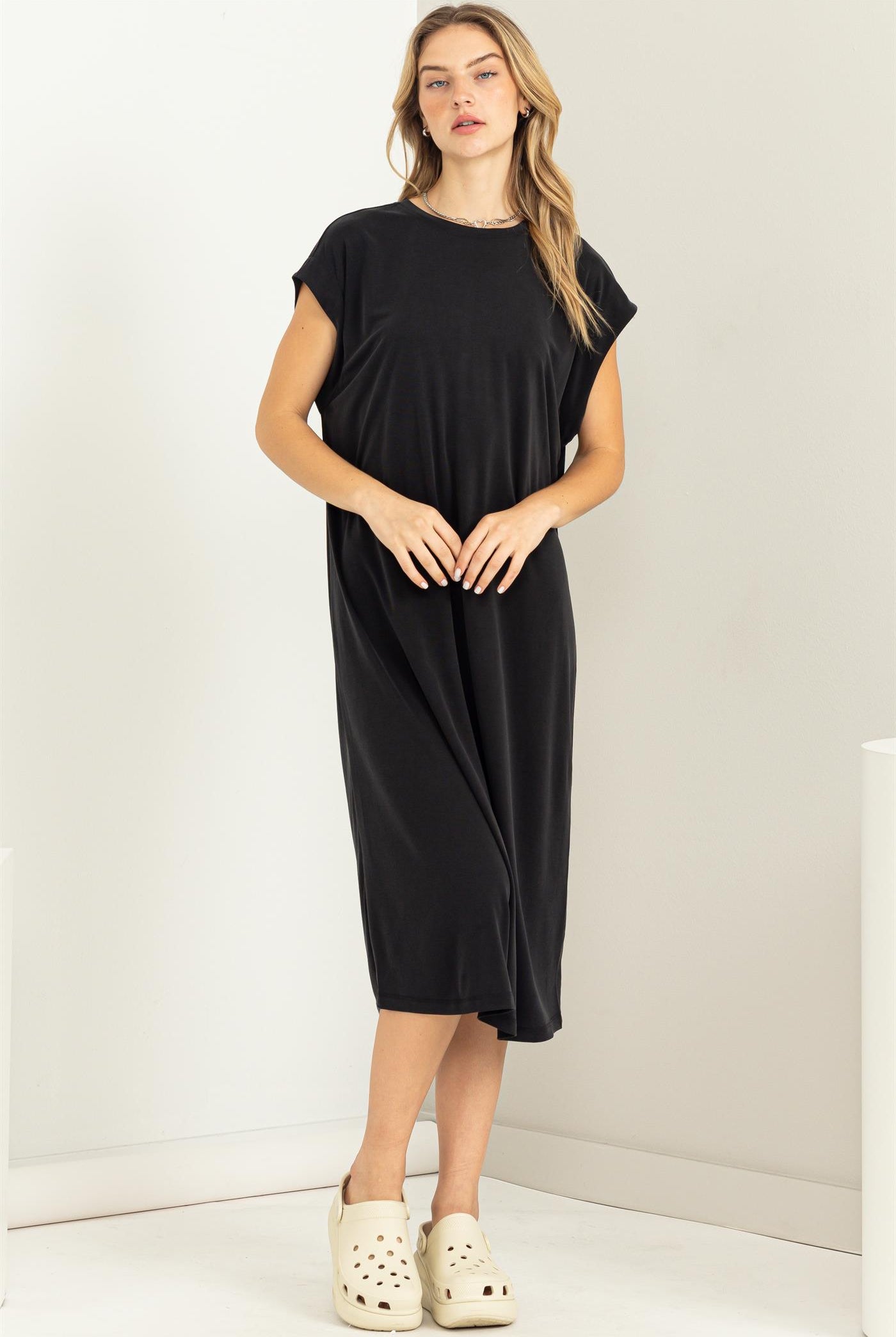 Wholesale Lazy Day Dolman Short Sleeves Midi Dress Dresses DZ23A795 BLACK DOUBLE ZERO