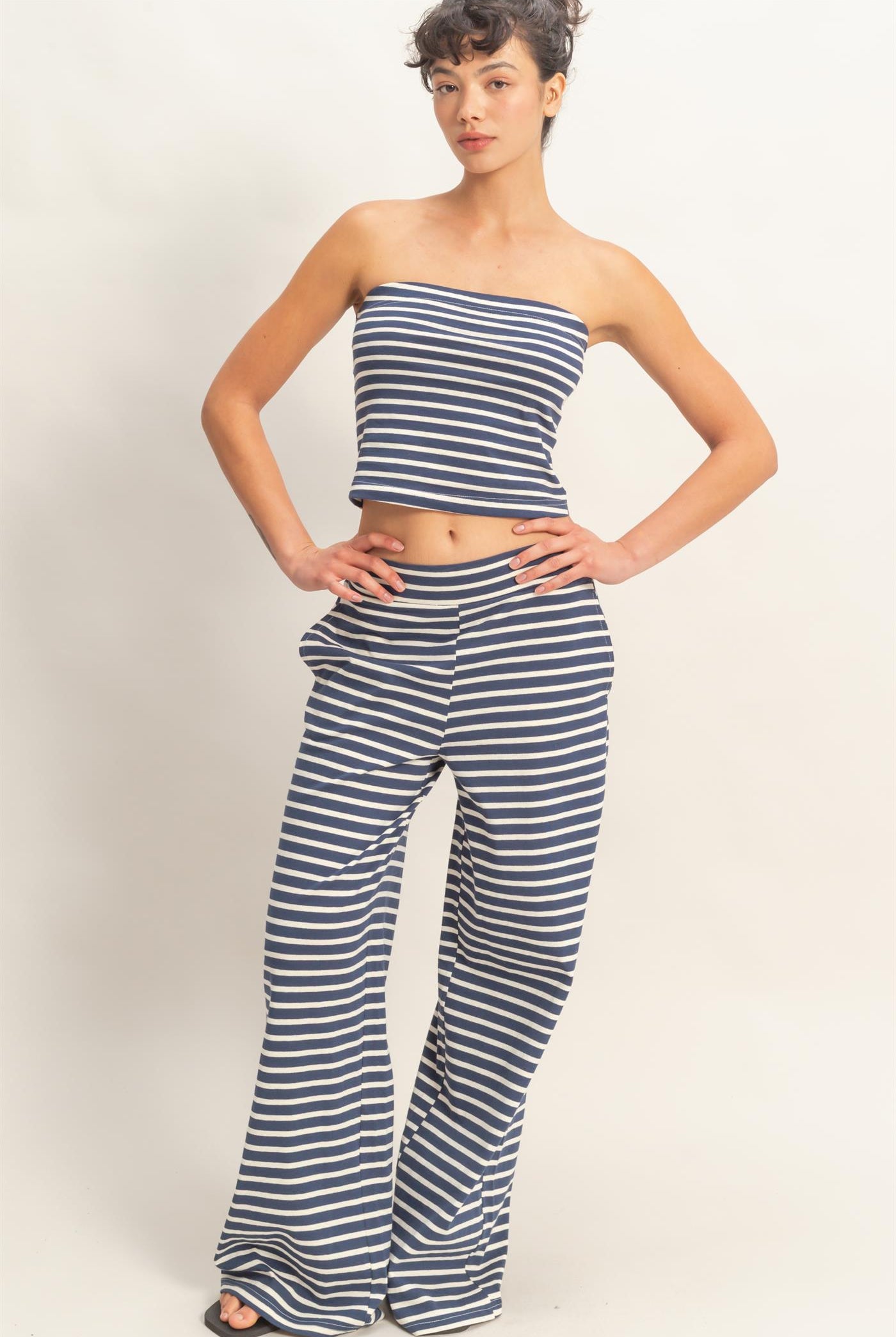 Wholesale Striped Jersey Tube Top And Pants Set Clothing DZ26C621-SET NAVY DOUBLE ZERO