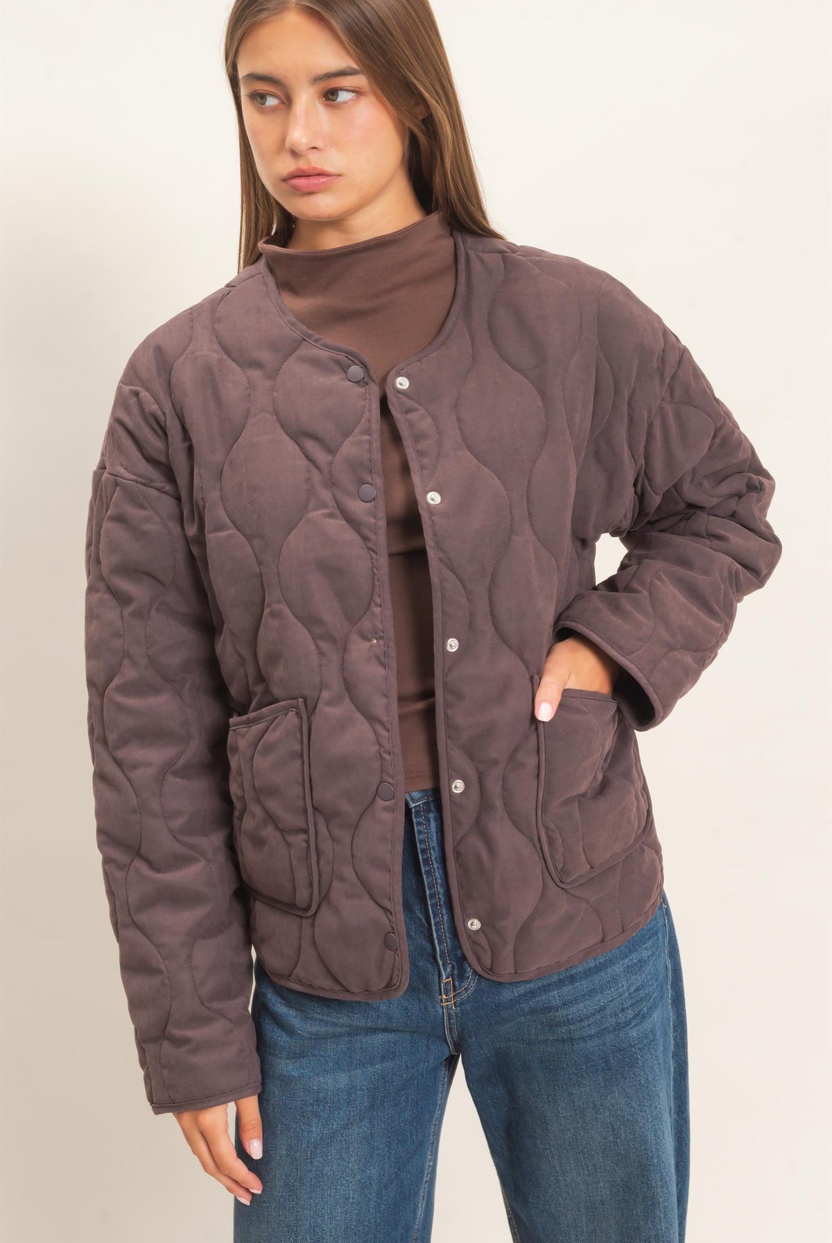 Wholesale Quilted Button Front Jacket Coats & Jackets DZ26F254 DARK BROWN DOUBLE ZERO