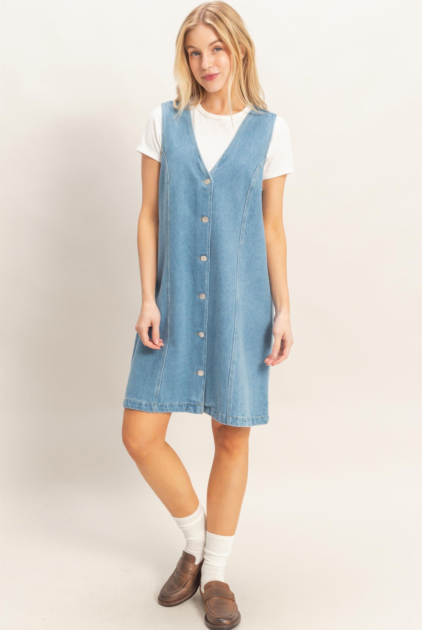 Wholesale V-Neck Button-Front Denim Dress Dresses HF26A273-D MEDIUM DENIM HYFVE