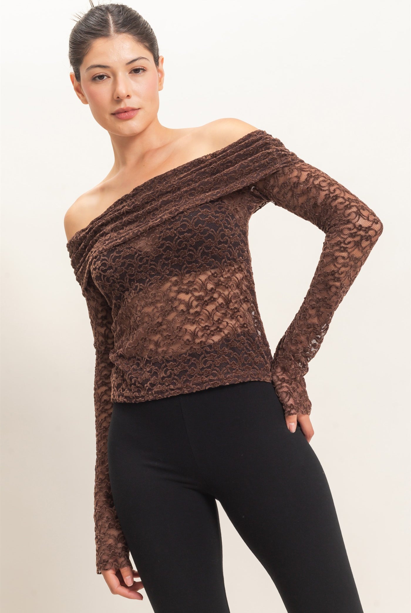 Wholesale Off-Shoulder Lace Top Clothing Tops HF26E407 CHOCOLATE HYFVE