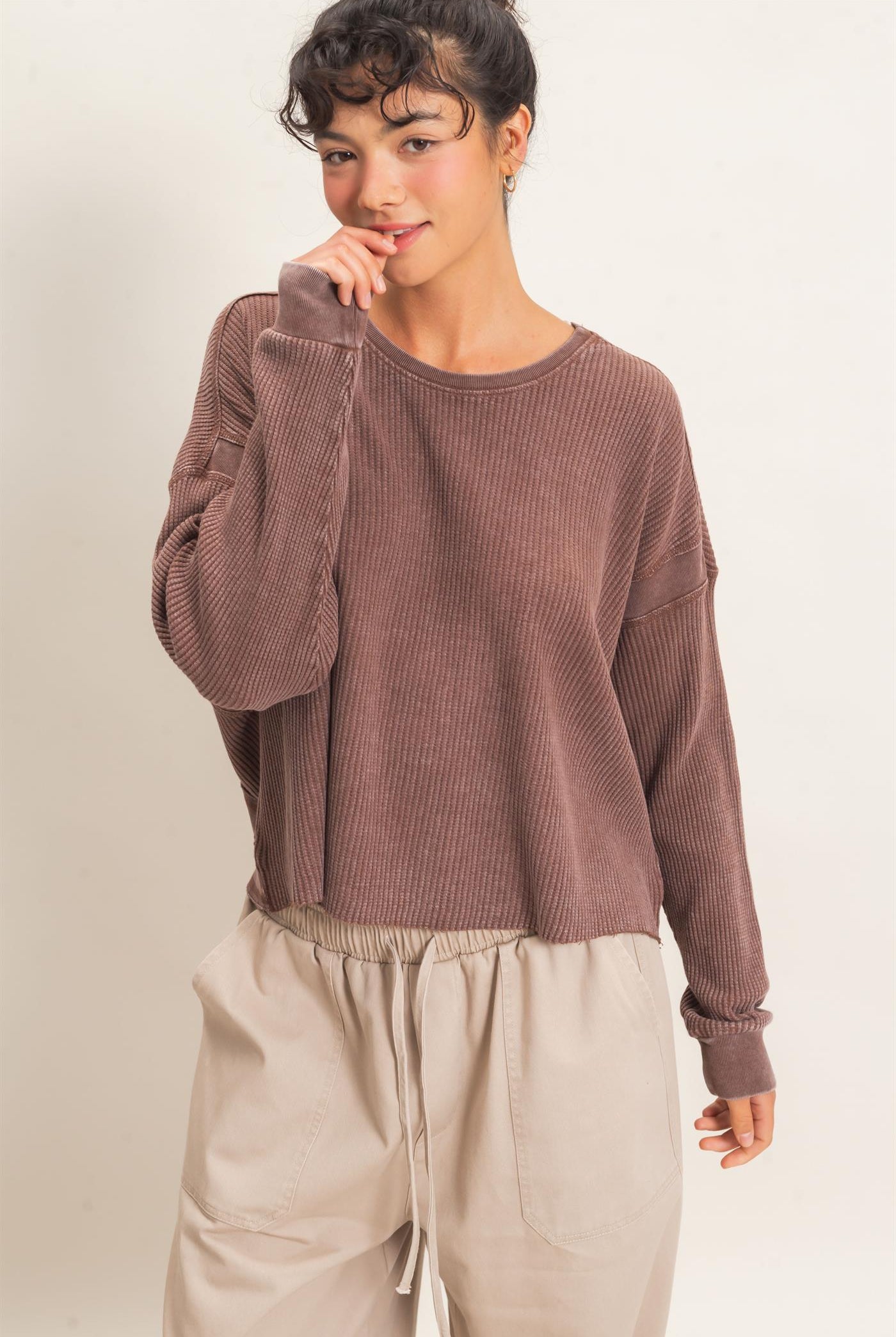 Wholesale Mineral Wash Waffle Open Back Top Clothing Tops DZ26C964 DARK BROWN DOUBLE ZERO
