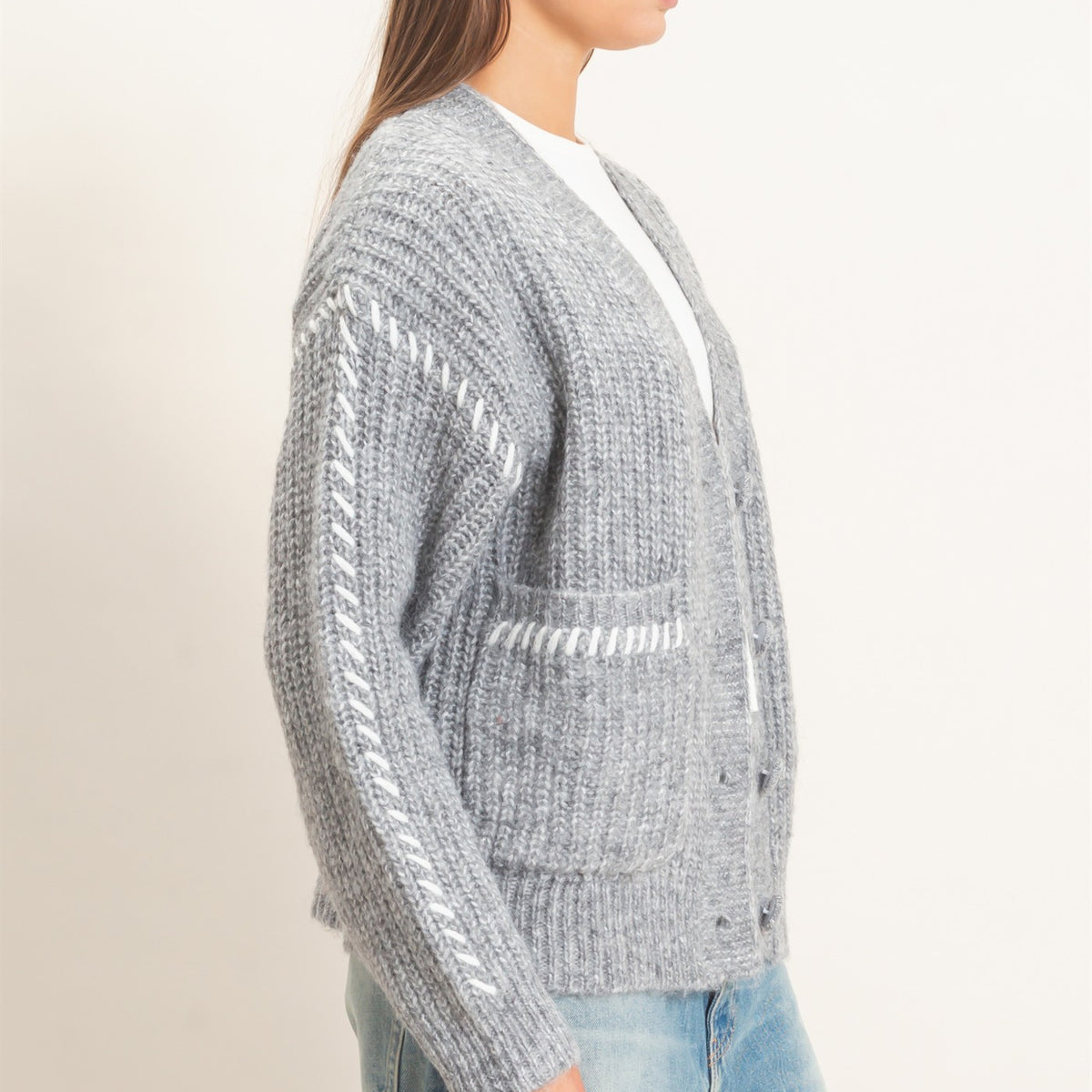 Wholesale Blanket Stitch Oversized Sweater Cardigan Cardigans DZ26E296 HEATHER GRAY DOUBLE ZERO