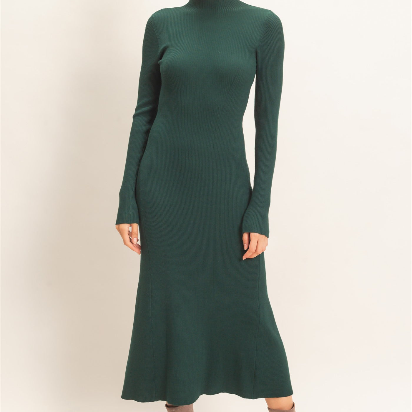 Wholesale Ribbed Mock Neck Long Sleeve Midi Dress Dresses HF26F156-D H.GREEN HYFVE