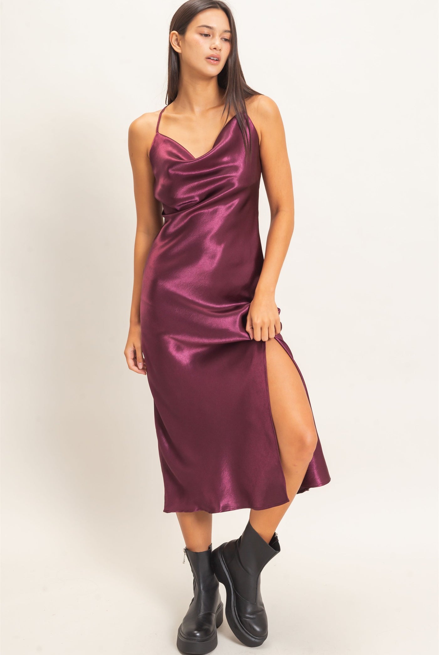 Wholesale Cowl Neck Satin Slip Dress Dresses DZ26E251 DARK CHERRY DOUBLE ZERO