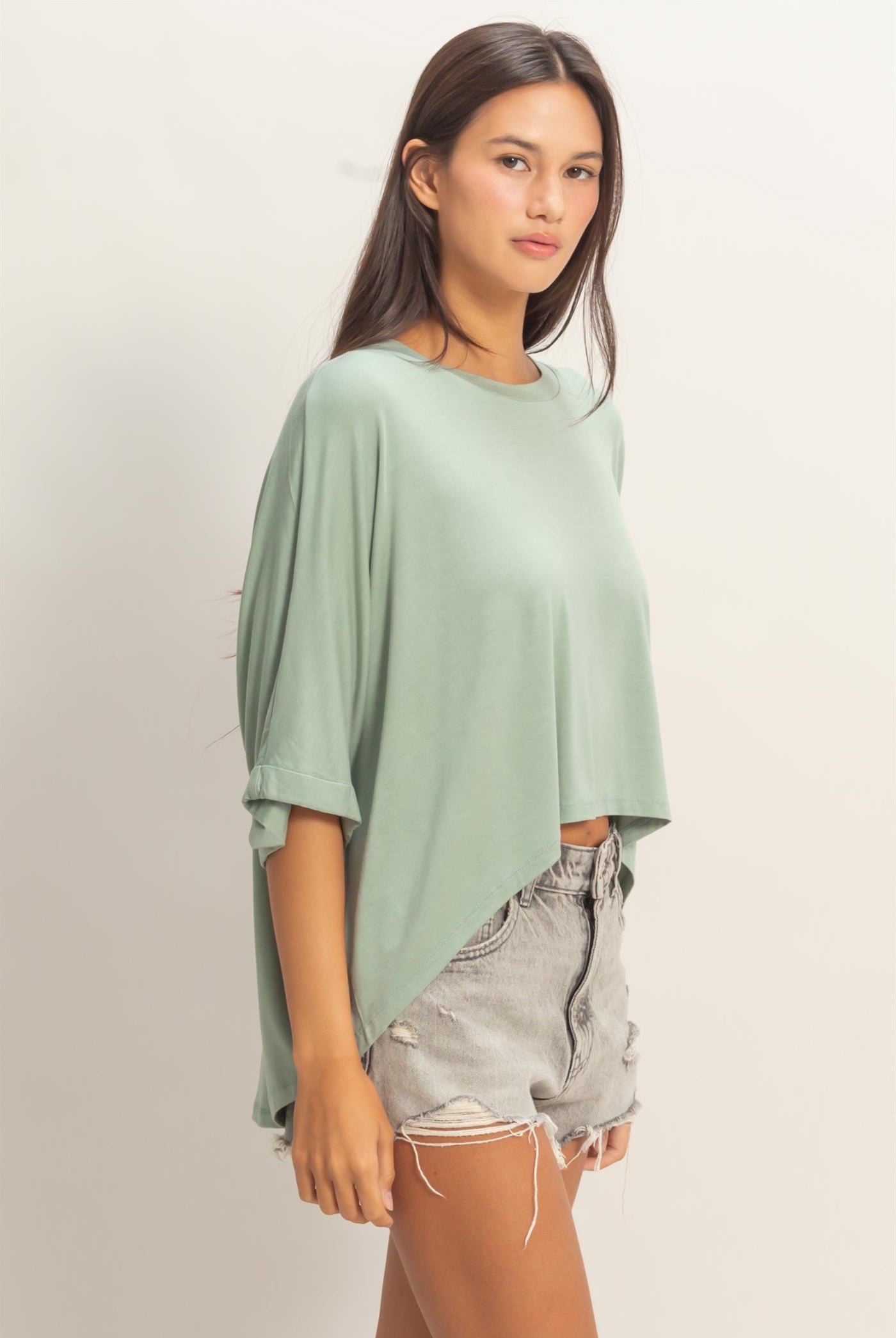 Wholesale Relaxed High-Low Batwing Sleeve Top Shirts DZ26A742 SAGE GREEN DOUBLE ZERO