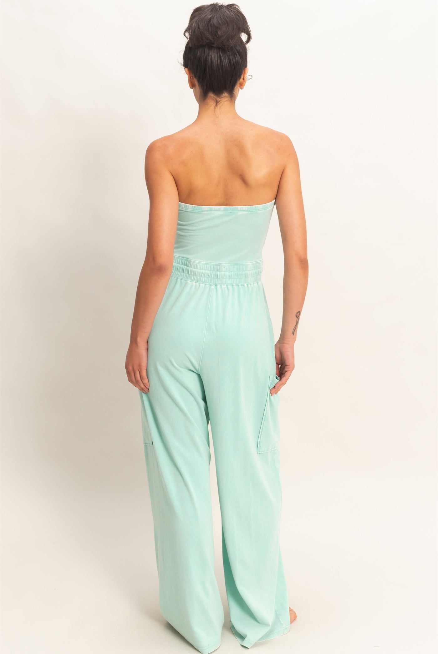 Wholesale Mineral Wash Strapless Wide-Leg Jumpsuit Clothing DZ26C376 TURQUOISE DOUBLE ZERO