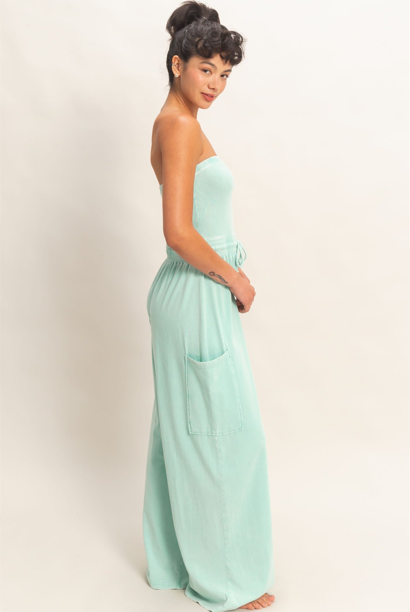 Wholesale Mineral Wash Strapless Wide-Leg Jumpsuit Clothing DZ26C376 TURQUOISE DOUBLE ZERO