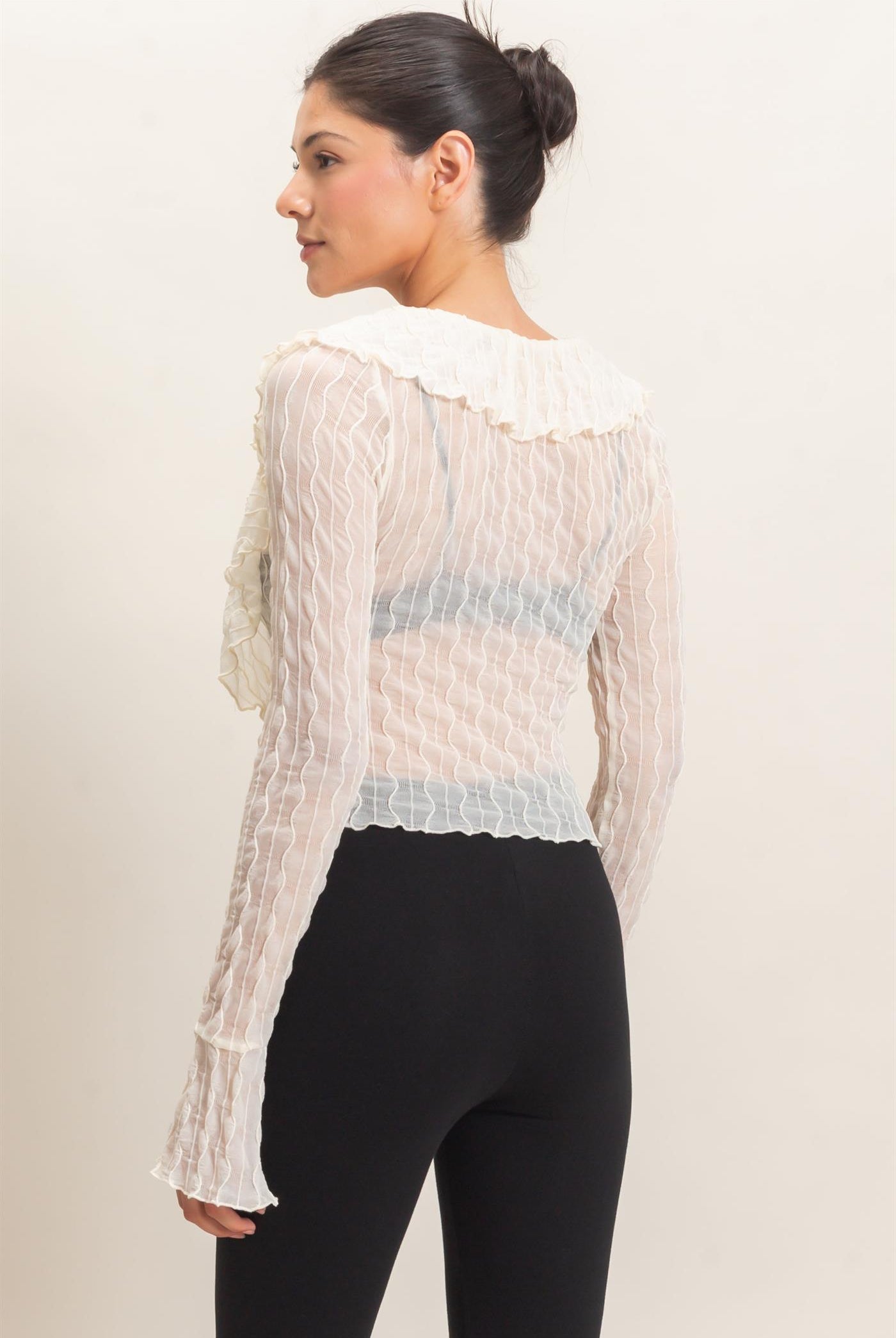 Wholesale Textured V-Neck Tie Front Top Blouses HF26F072 IVORY HYFVE