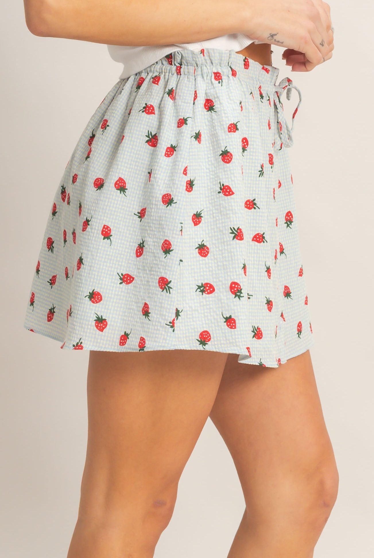 Wholesale Strawberry Print Gingham A-Line Skirt Skirts HF26A598 BLUE HYFVE