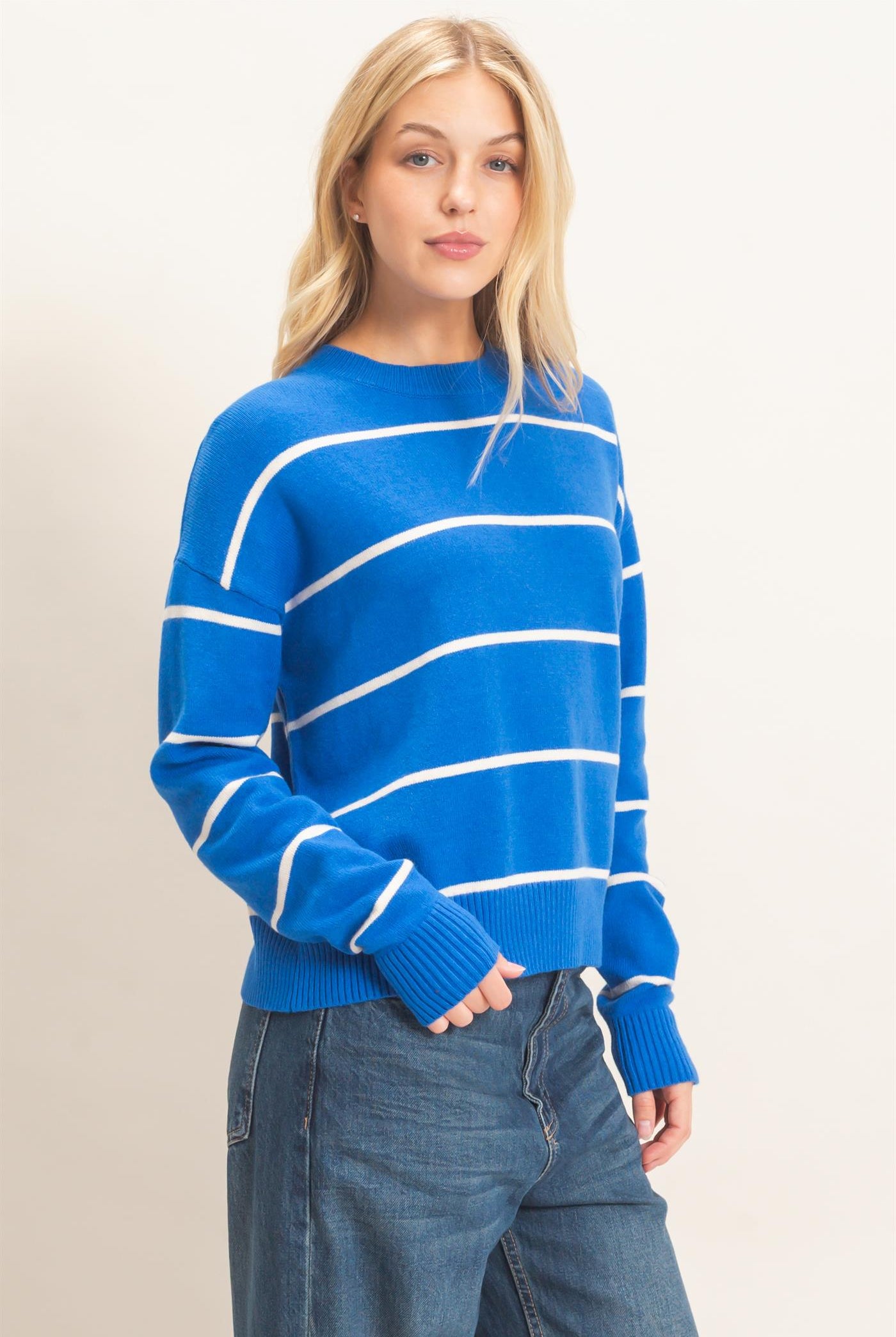 Wholesale Striped Ribbed Crew Neck Sweater Sweaters HF26F169 BLUE HYFVE