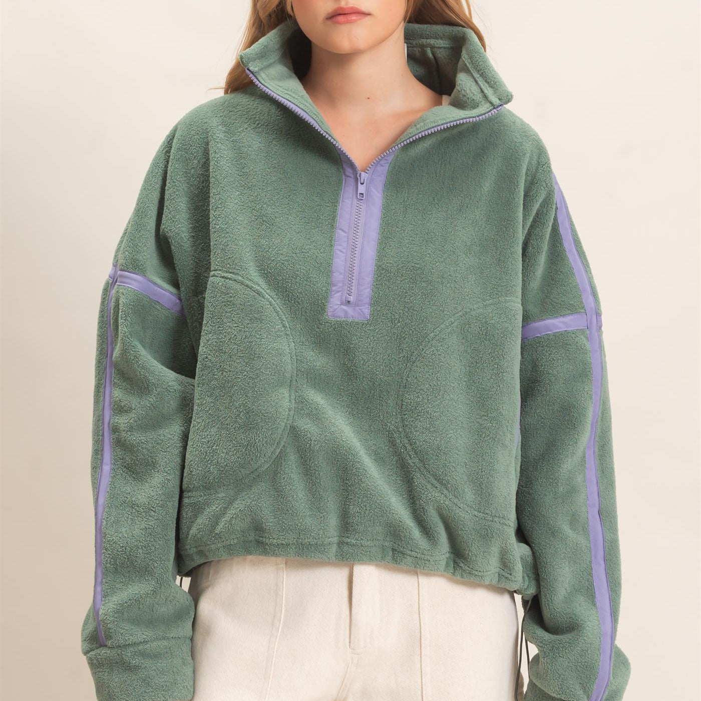 Wholesale Contrast Trim Half-Zip Fleece Pullover Outerwear HF26F206-D PISTACHIO HYFVE