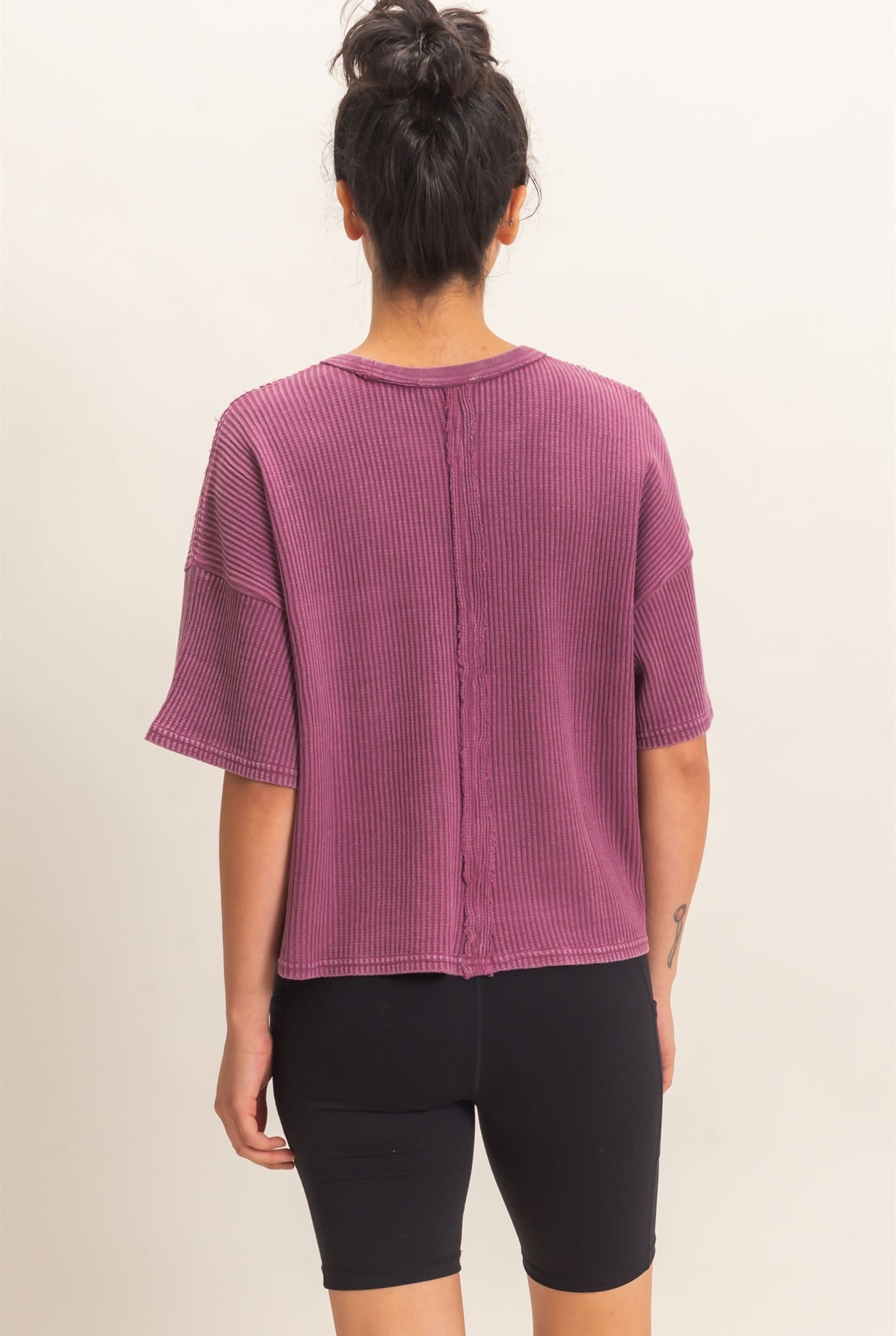 Wholesale Mineral Wash Waffle Knit Pocket Top Clothing Tops DZ26E222 DARK CHERRY DOUBLE ZERO