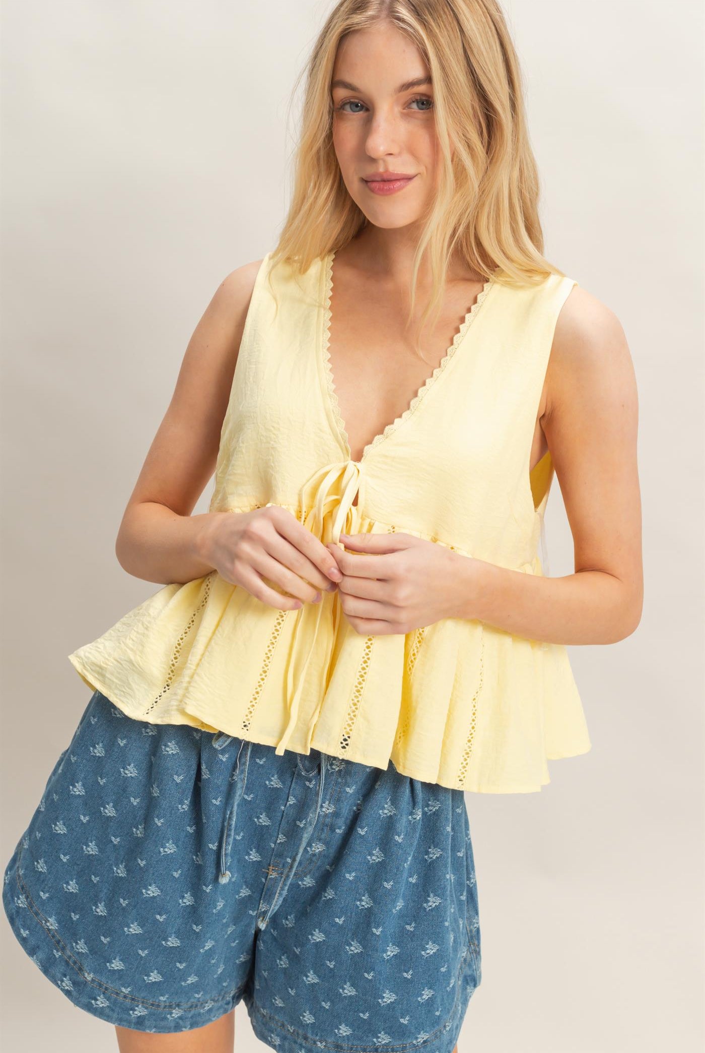Wholesale Lace Trim Tie Front Top Clothing Tops HF26C100-D LIGHT YELLOW HYFVE