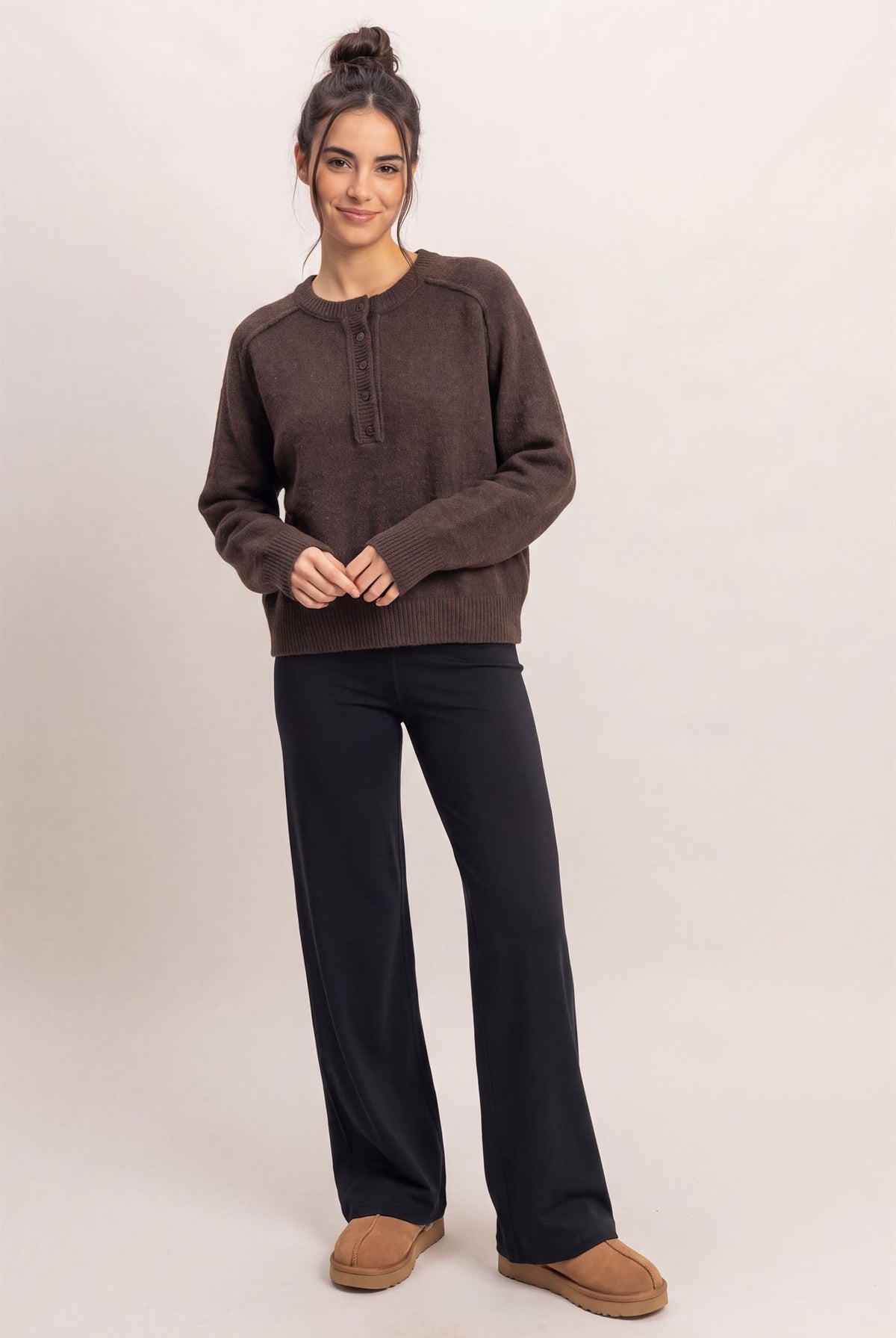 Wholesale Henley Sweater With Reverse Seams Sweaters DZ26F004 DARK BROWN DOUBLE ZERO