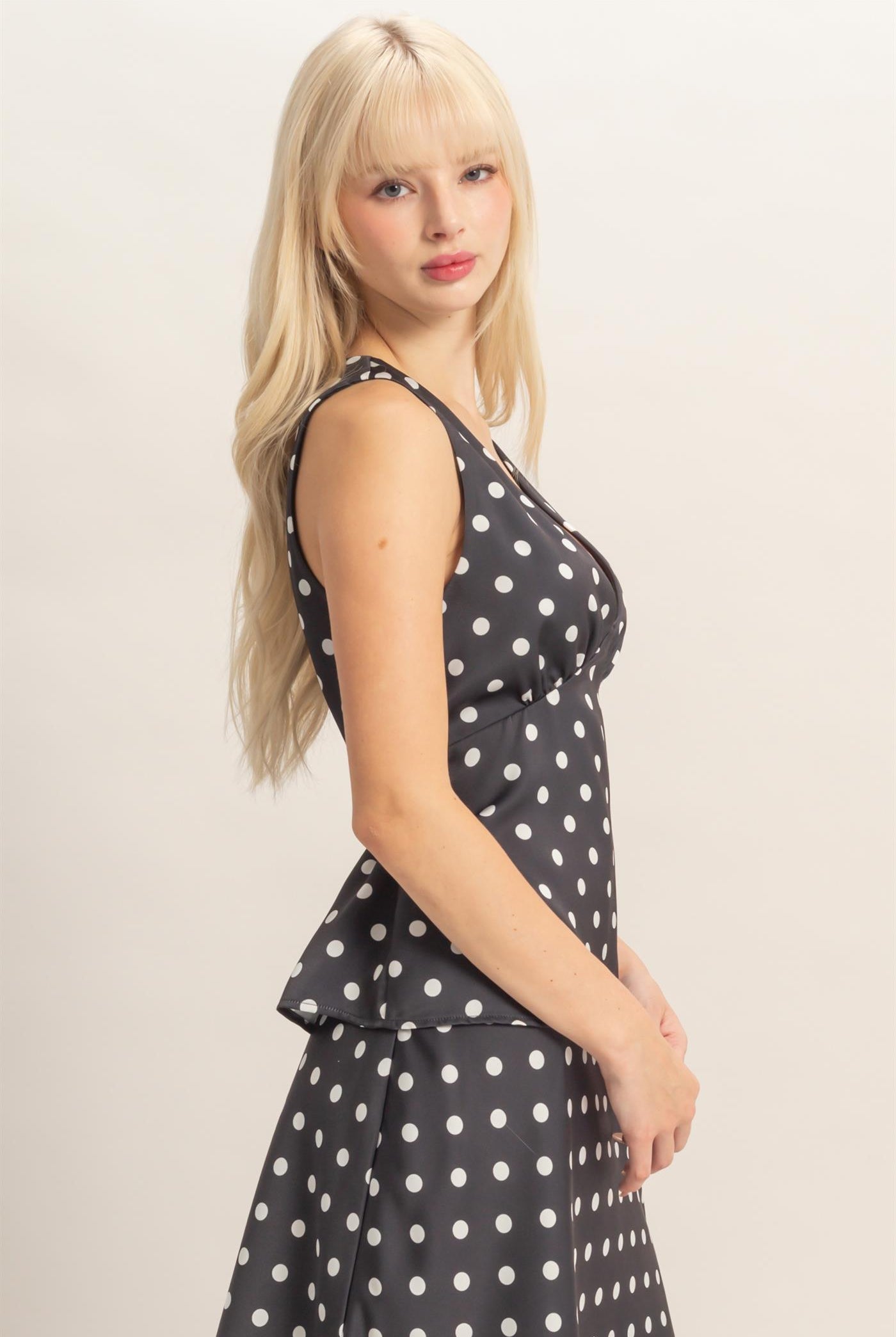 Wholesale Polka Dot V-Neck Satin Top Clothing Tops DZ26C198 BLACK DOUBLE ZERO