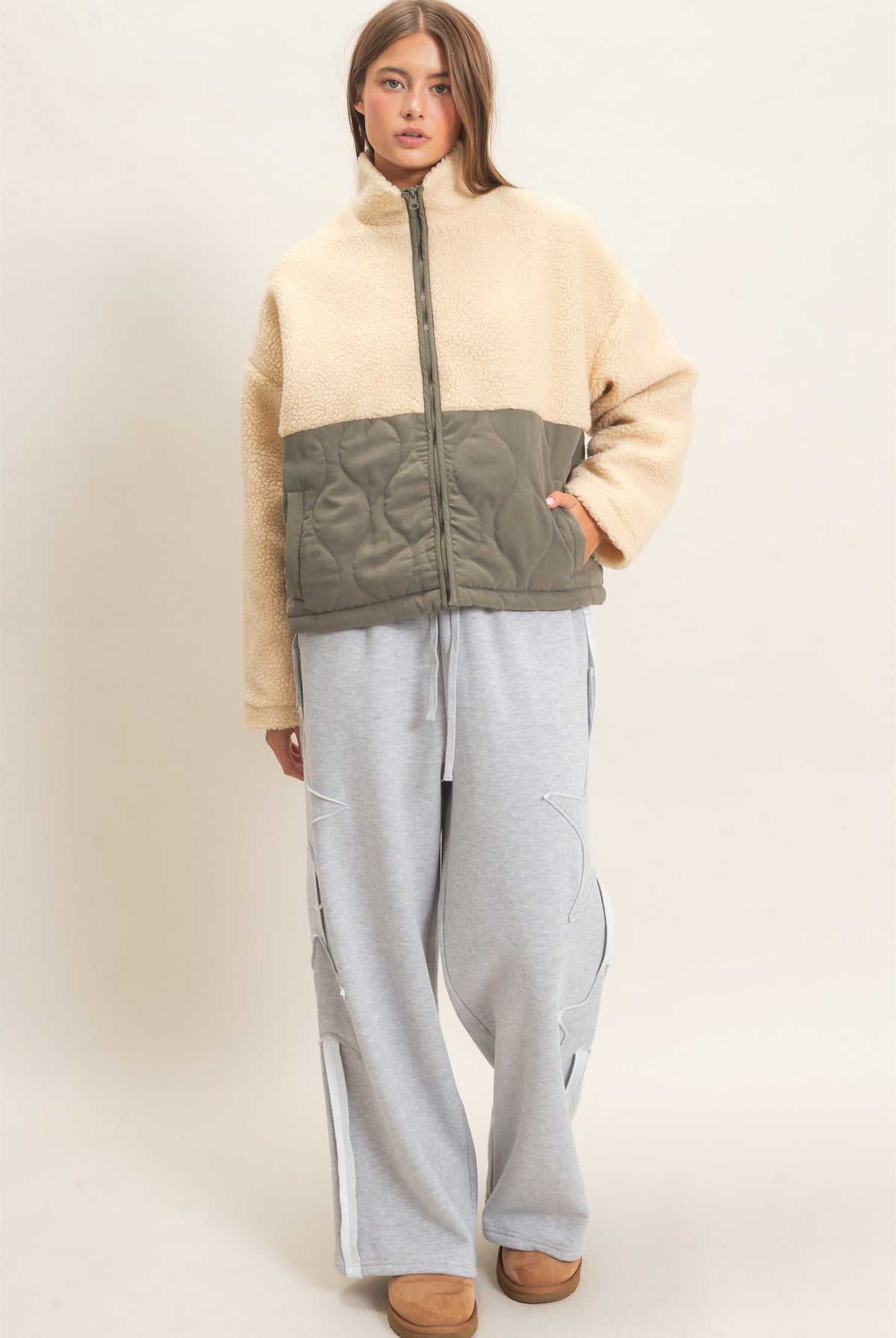 Wholesale Quilted Sherpa Zip Up Jacket Coats & Jackets DZ26F259 OLIVE DOUBLE ZERO