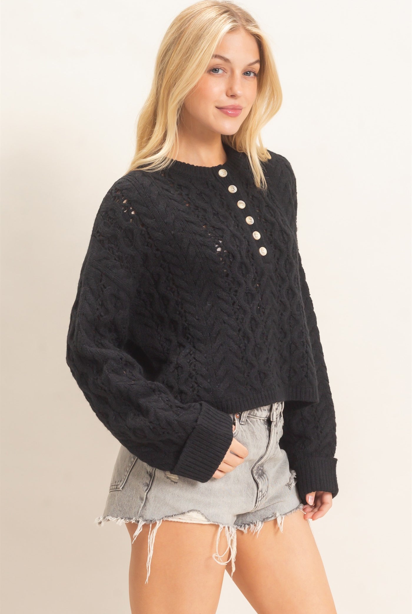 Wholesale Cable Knit Henley Sweaters HF26E552 BLACK HYFVE
