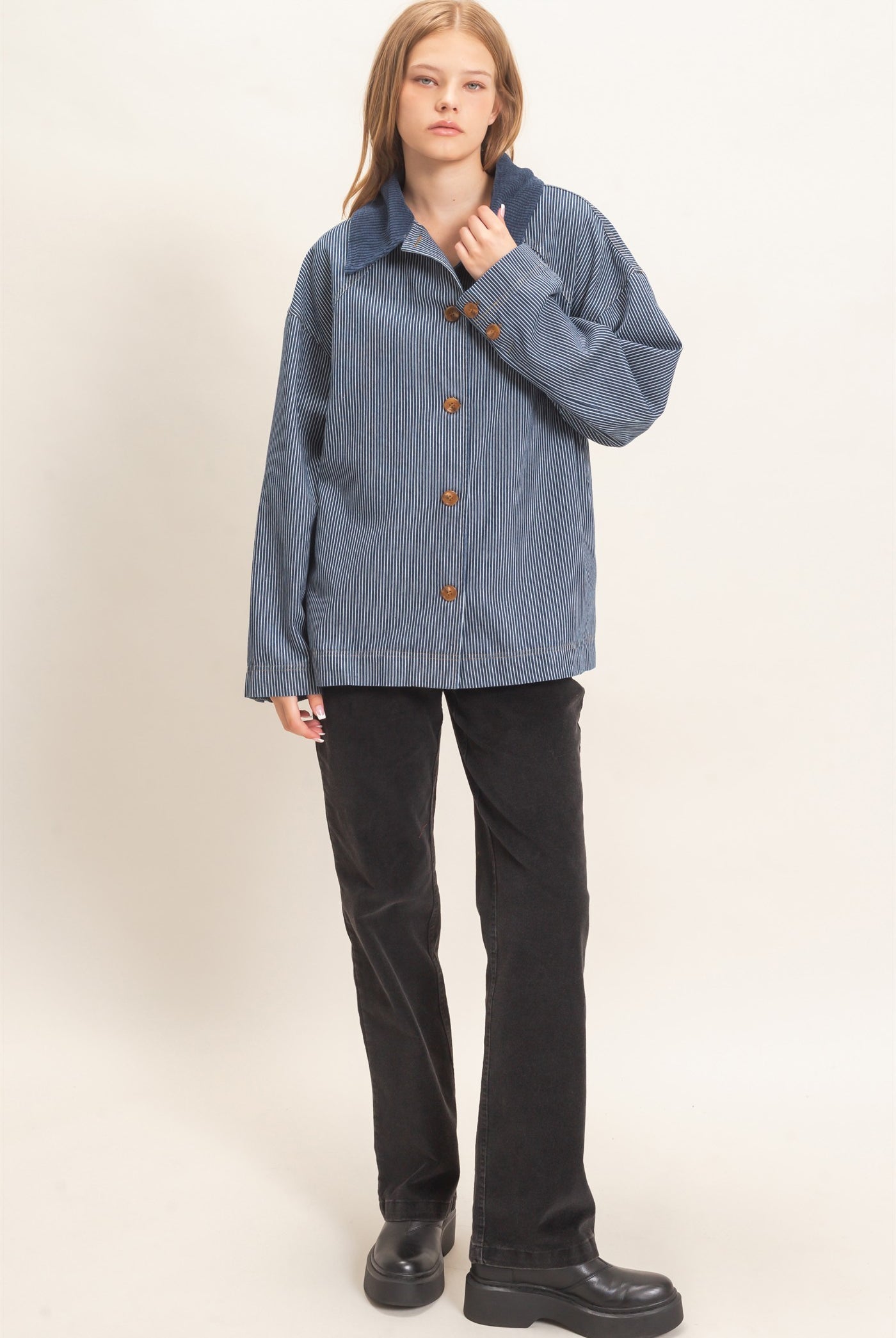 Wholesale Pinstripe Denim Jacket Coats & Jackets HF26C006 DARK DENIM HYFVE