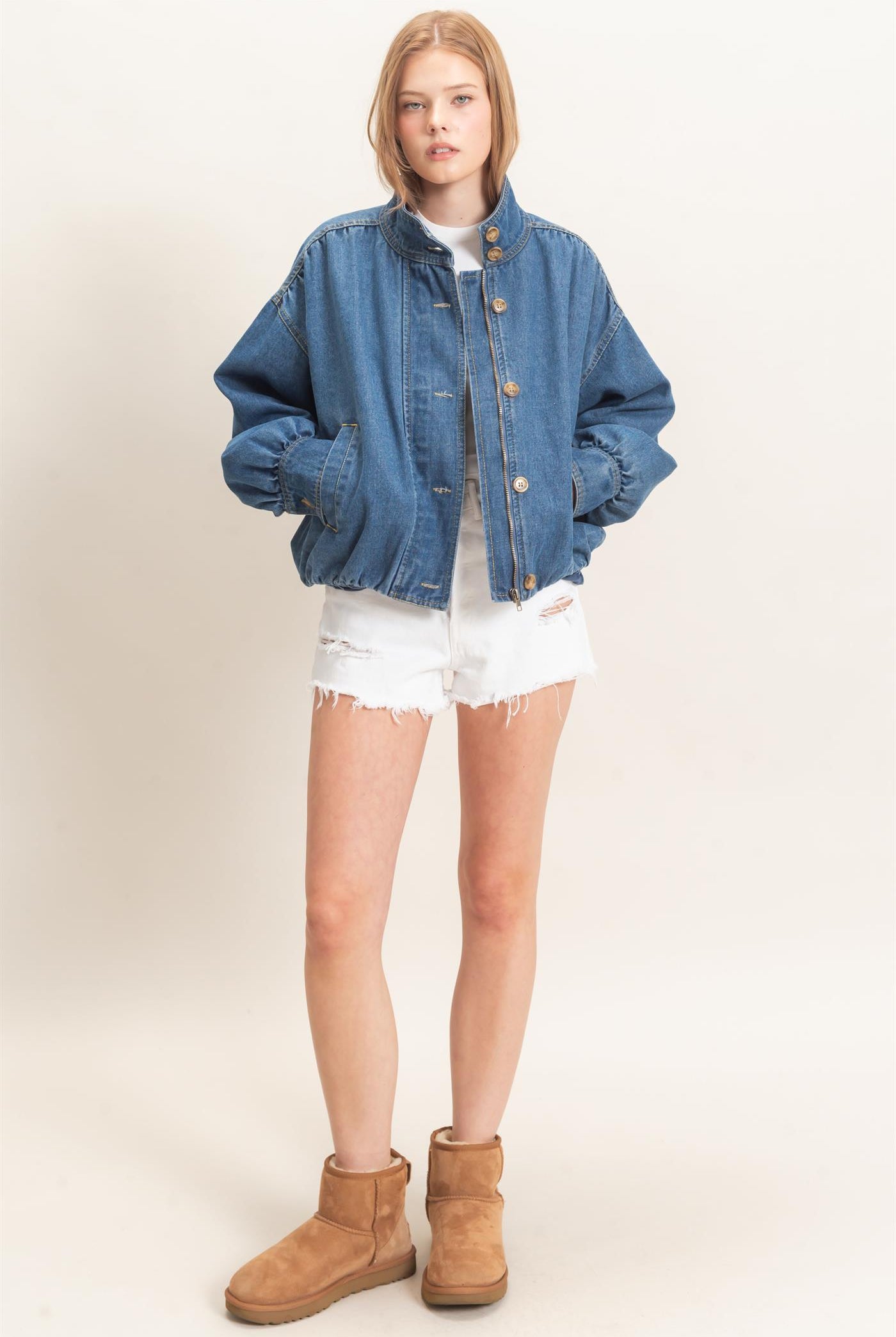 Wholesale High Collar Denim Bomber Jacket Coats & Jackets HF26E090-D LIGHT DENIM HYFVE