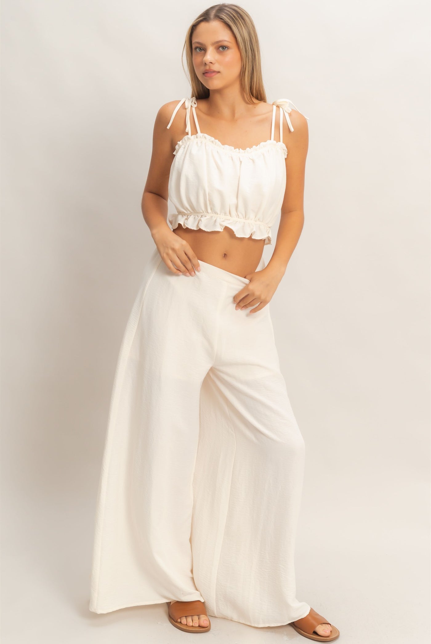 Wholesale Ruffle Smocked Bust Top & Wide Pants Clothing HF26A502-SET-D OFF WHITE HYFVE