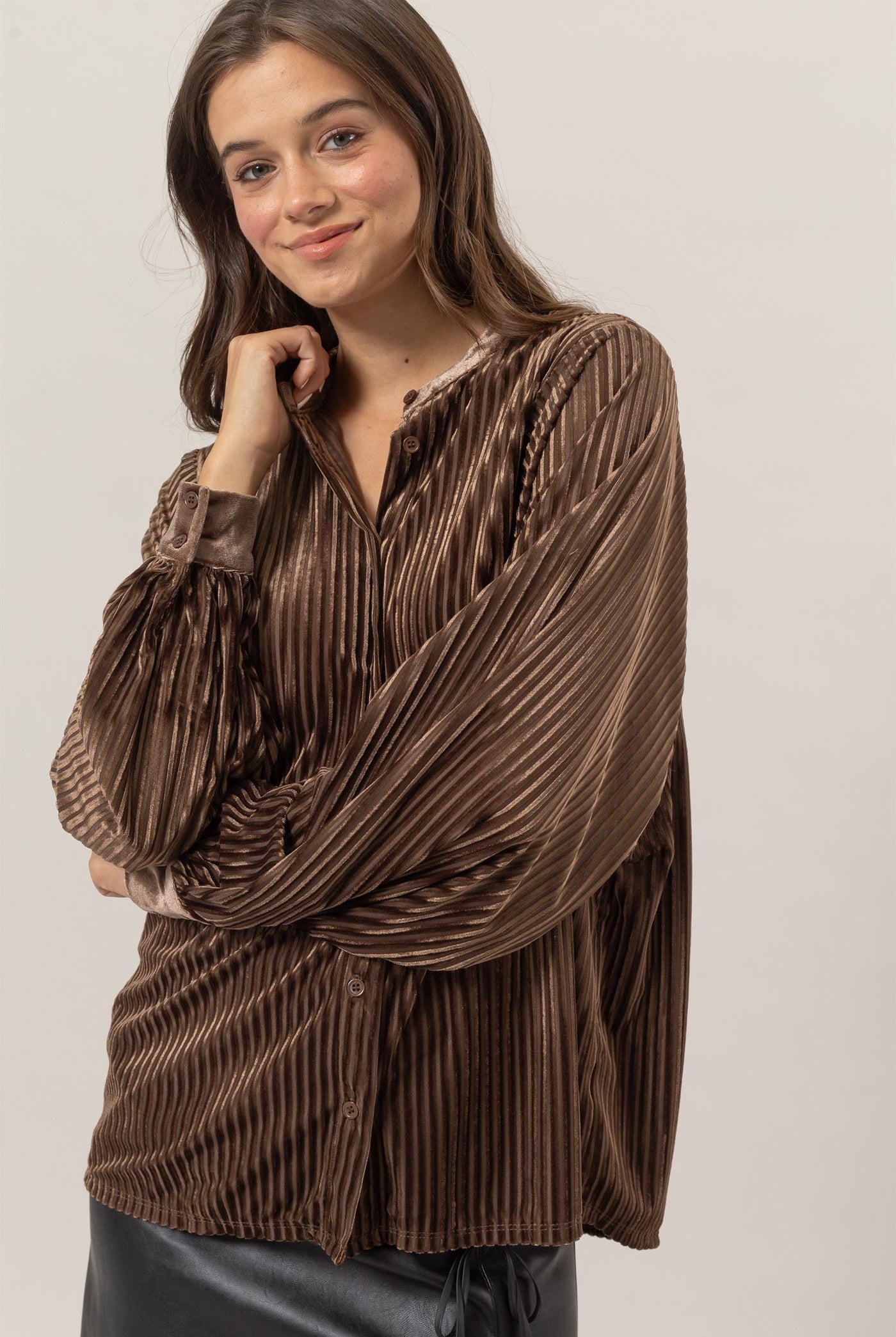 Wholesale Velvet Striped Blouse Blouses HF24F968 BROWN HYFVE