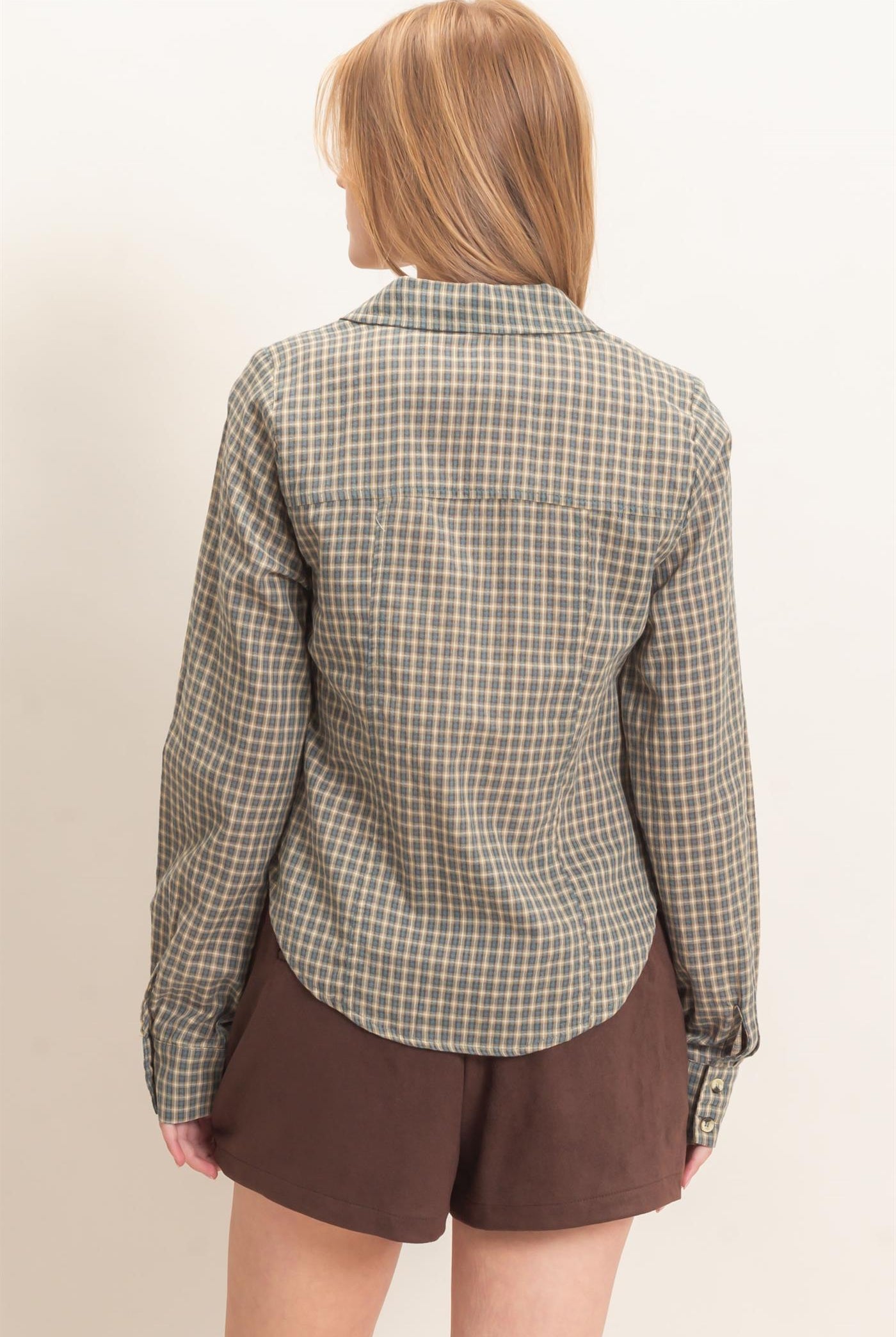 Wholesale Ruched Button-Down Shirt Blouses HF26E348 TEAL BLUE HYFVE