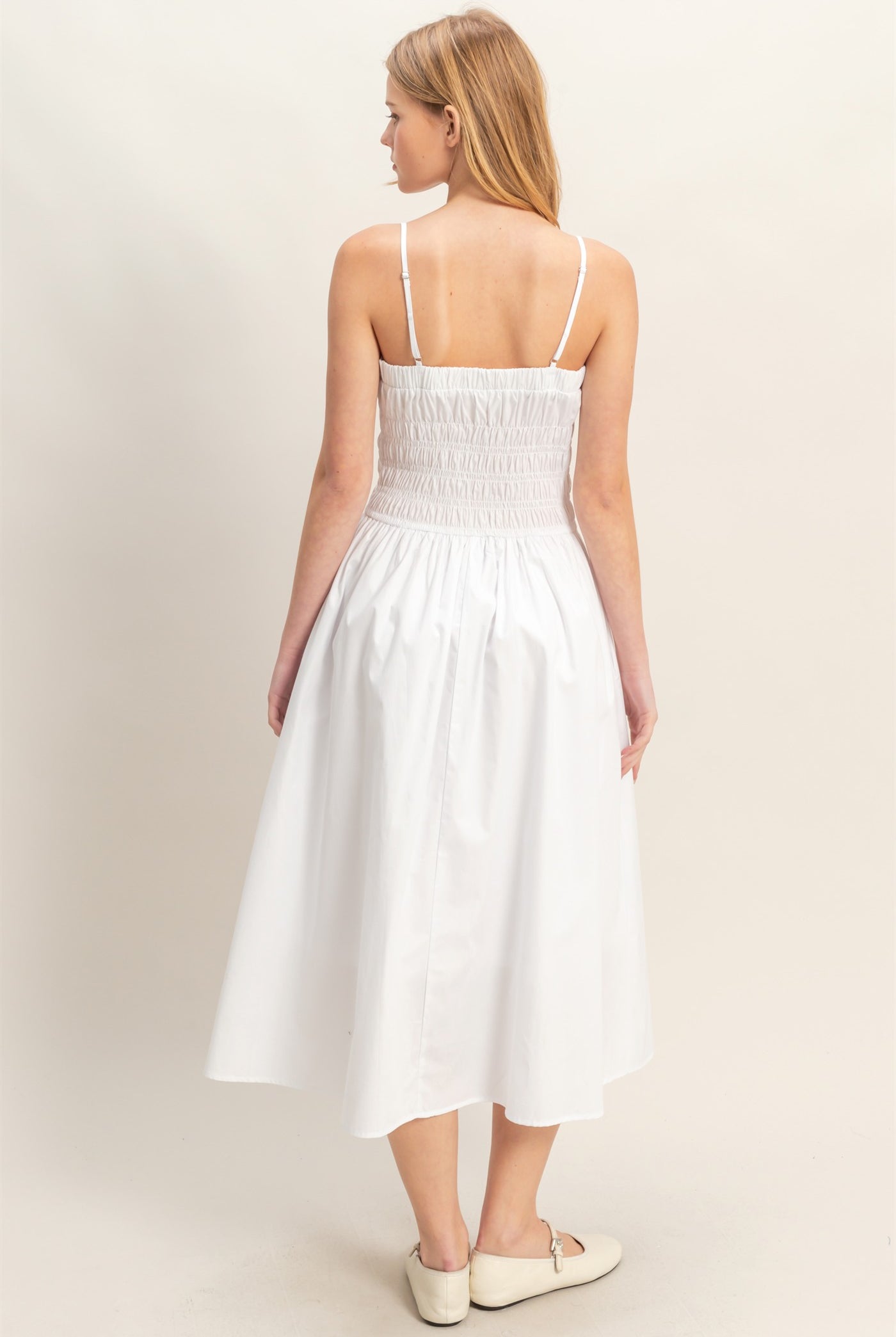Wholesale Smocked Strapped Midi Dress Dresses HF26A624 WHITE HYFVE