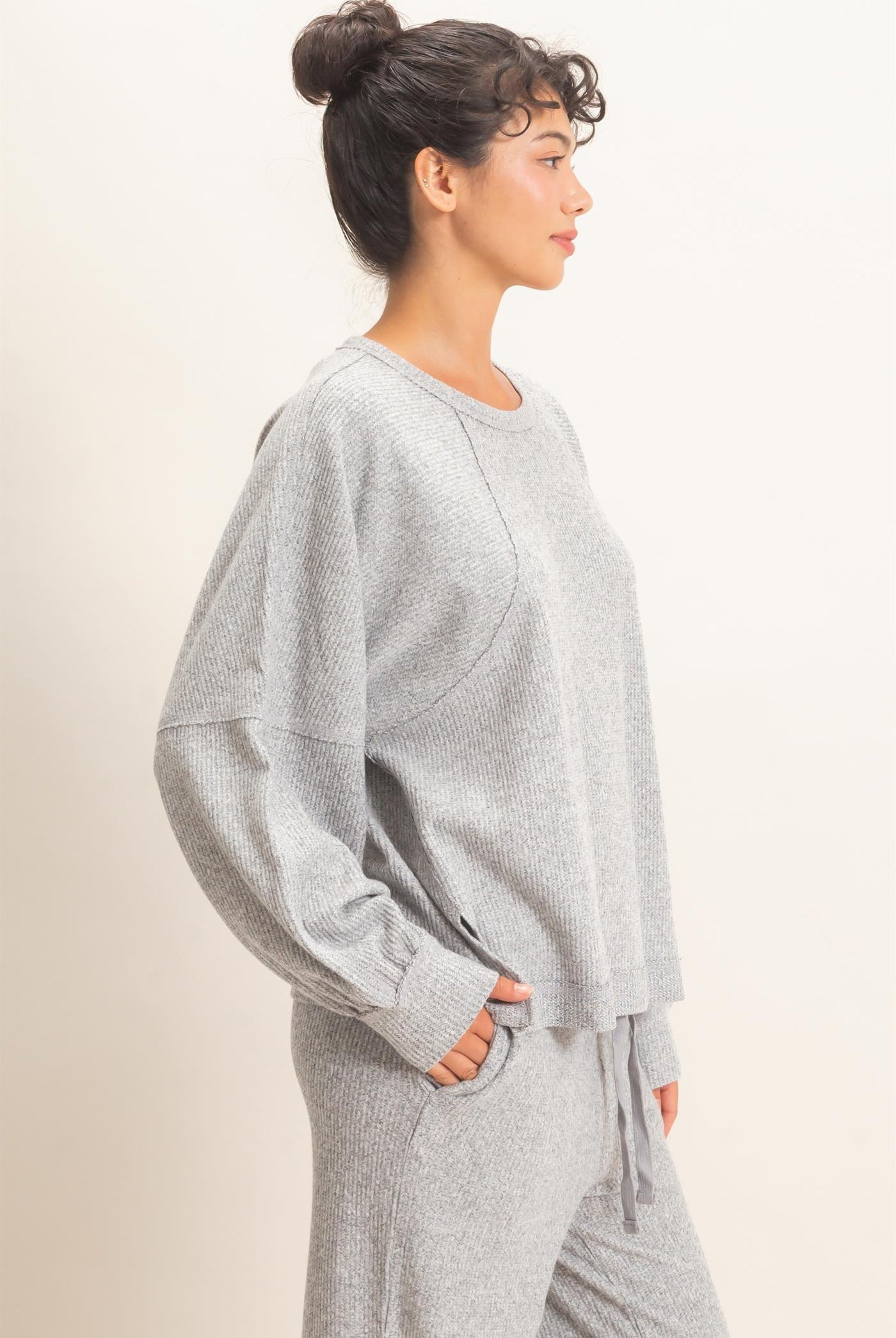 Wholesale Brushed Waffle Long Sleeve Top Clothing Tops DZ26F312 HEATHER GRAY DOUBLE ZERO