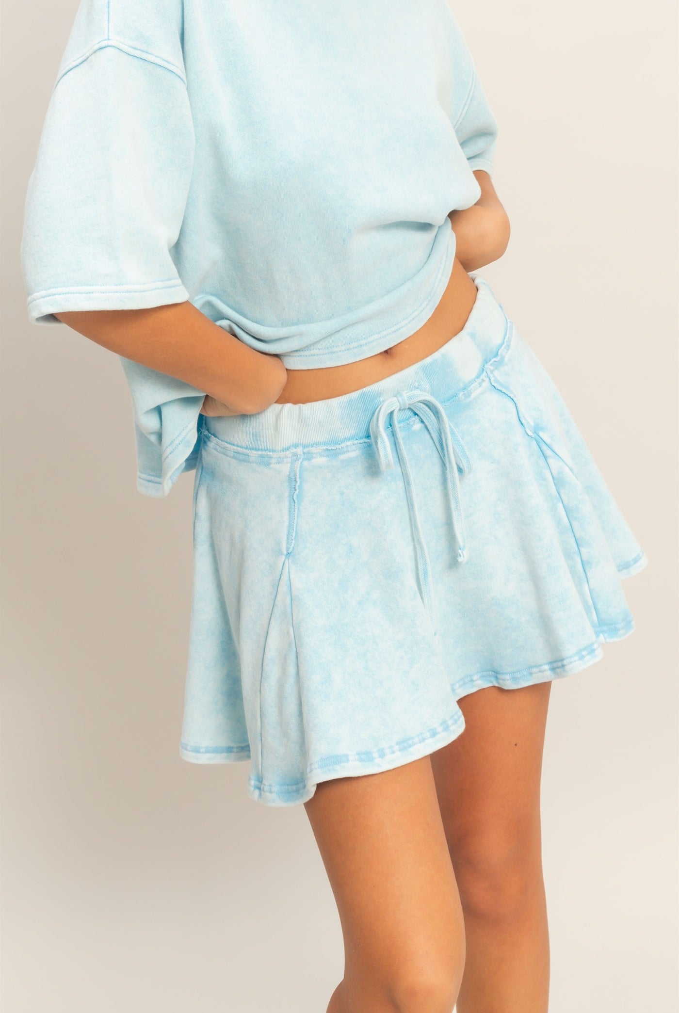 Wholesale Acid Washed Mid Wiast Flowy Skort Skorts DZ26A928 BLUE DOUBLE ZERO