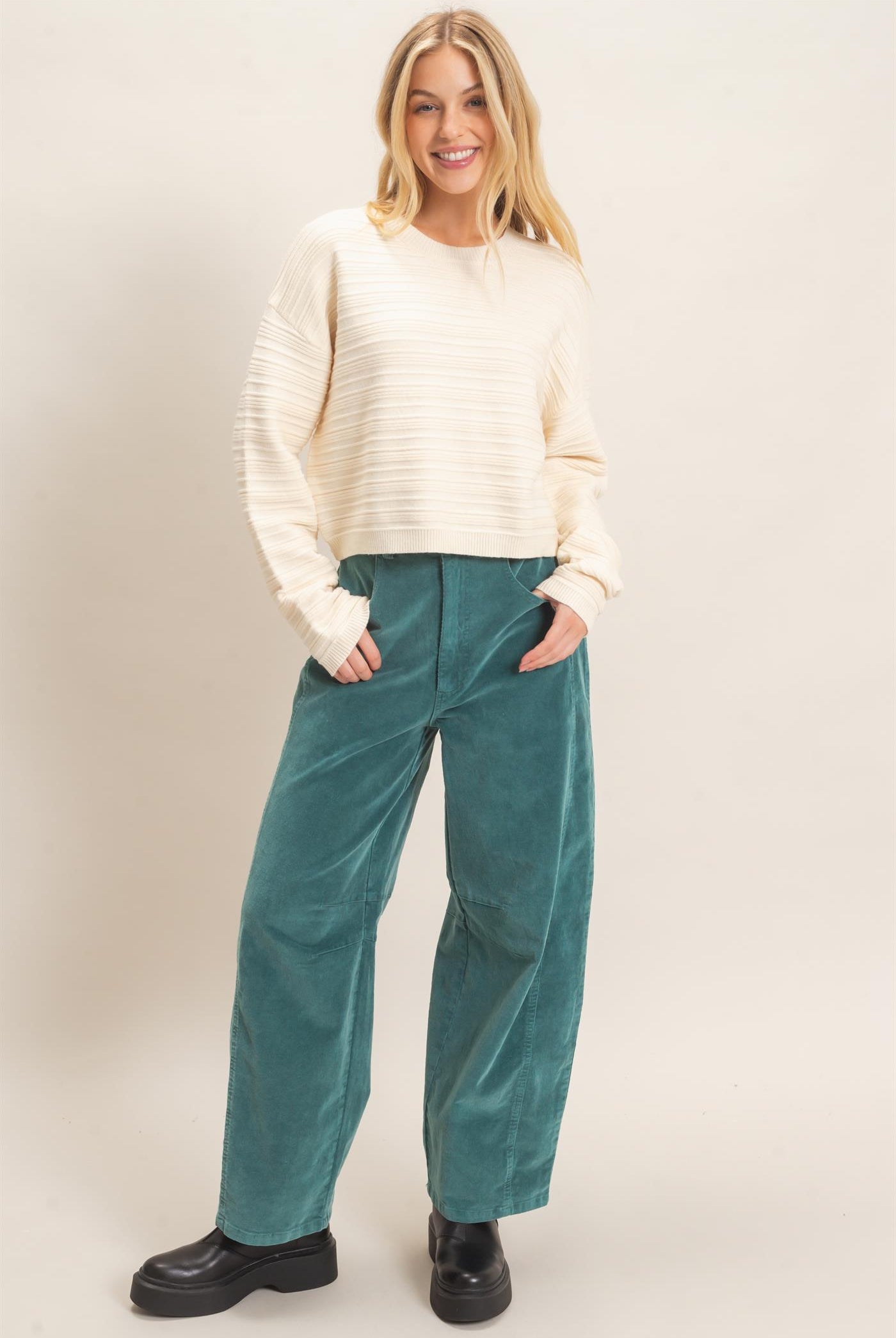 Wholesale Textured Crew Neck Sweater Sweaters HF26F196 CREAM HYFVE