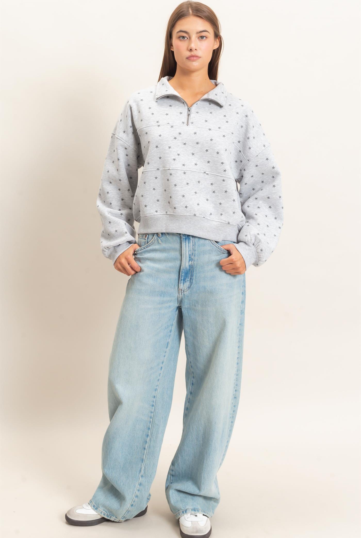 Wholesale Star Print Half Zip Sweatshirt Sweatshirts DZ26E245 HEATHER GRAY DOUBLE ZERO
