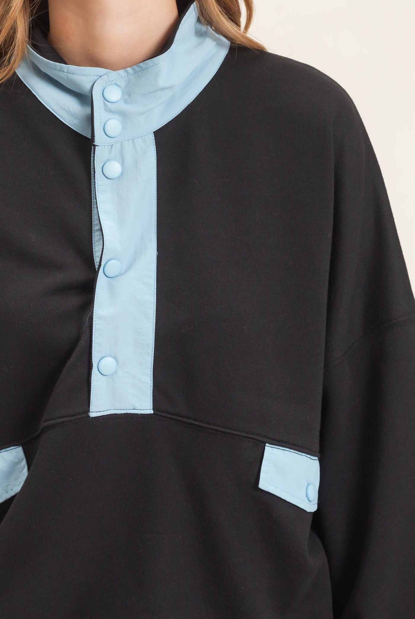 Wholesale Contrast Button-Up Collar Top Clothing Tops HF26C875 BLACK HYFVE