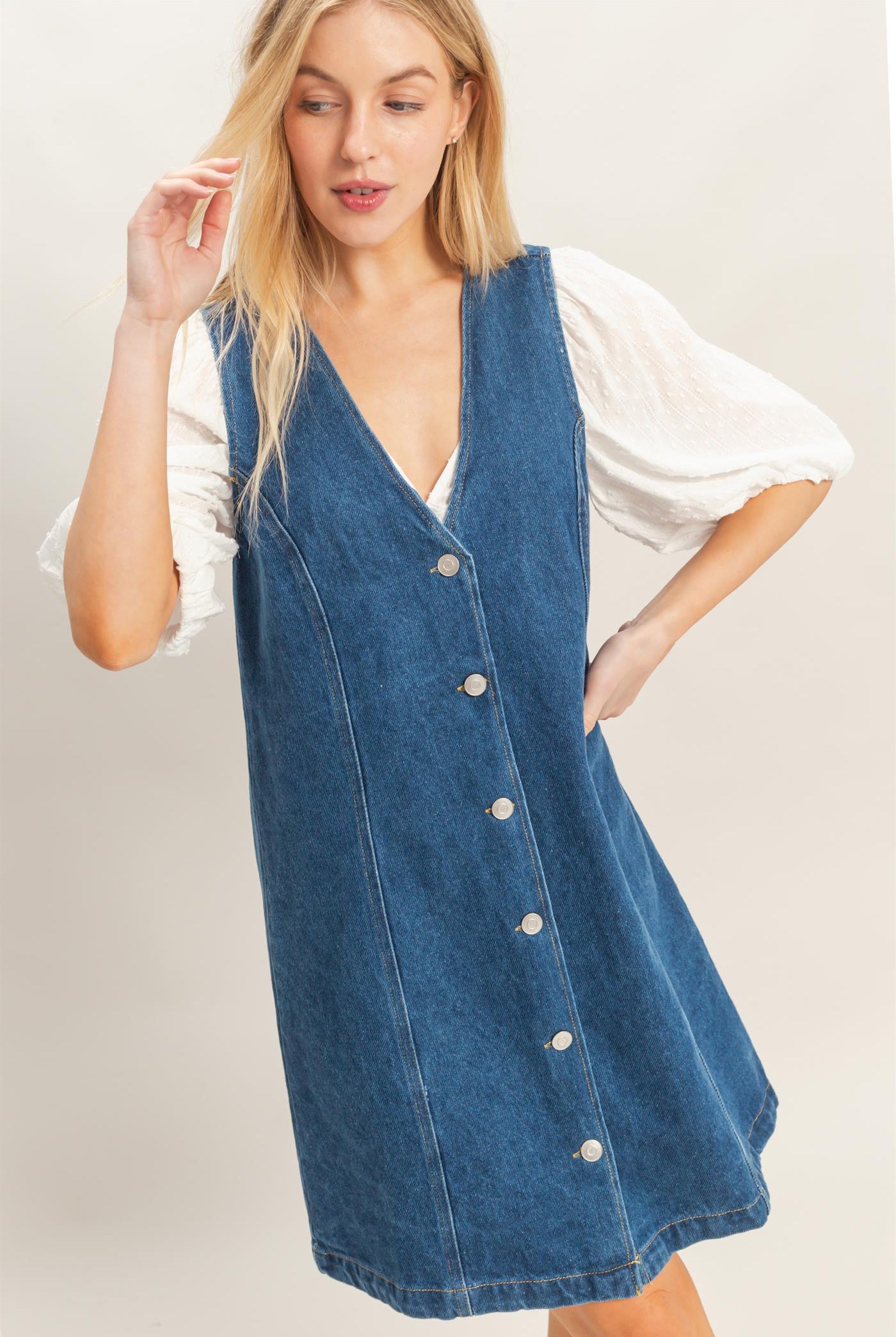 Wholesale V-Neck Button-Front Denim Dress Dresses HF26A273-D DARK DENIM HYFVE