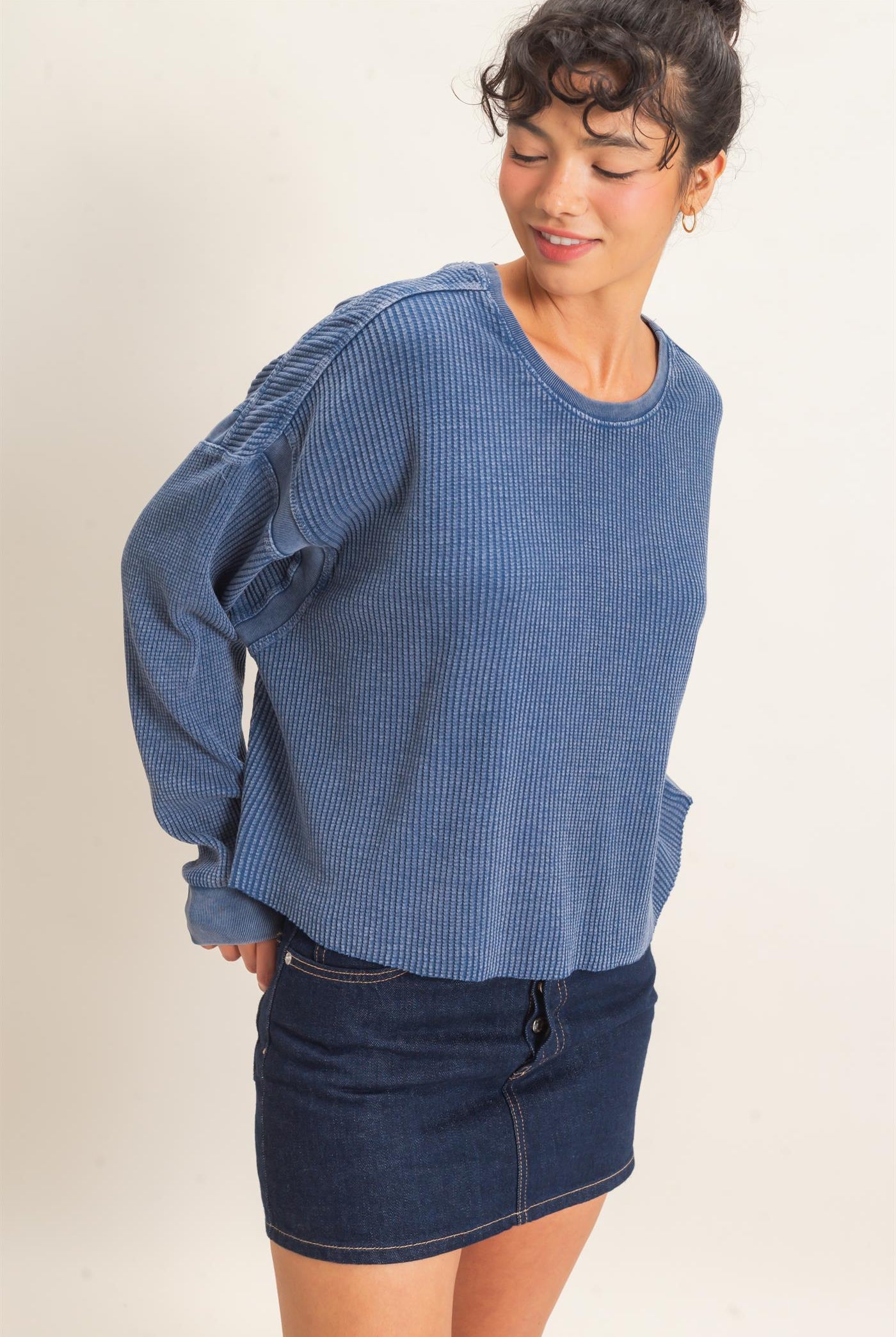 Wholesale Mineral Wash Waffle Open Back Top Clothing Tops DZ26C964 NAVY DOUBLE ZERO