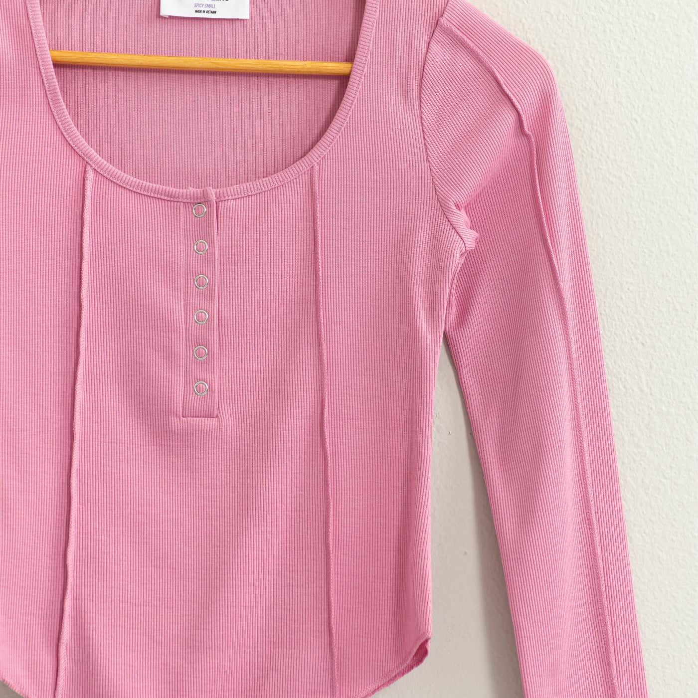 Wholesale Ribbed Long Sleeve Button Front Top Clothing Tops DZ25A025 ROSE PINK DOUBLE ZERO