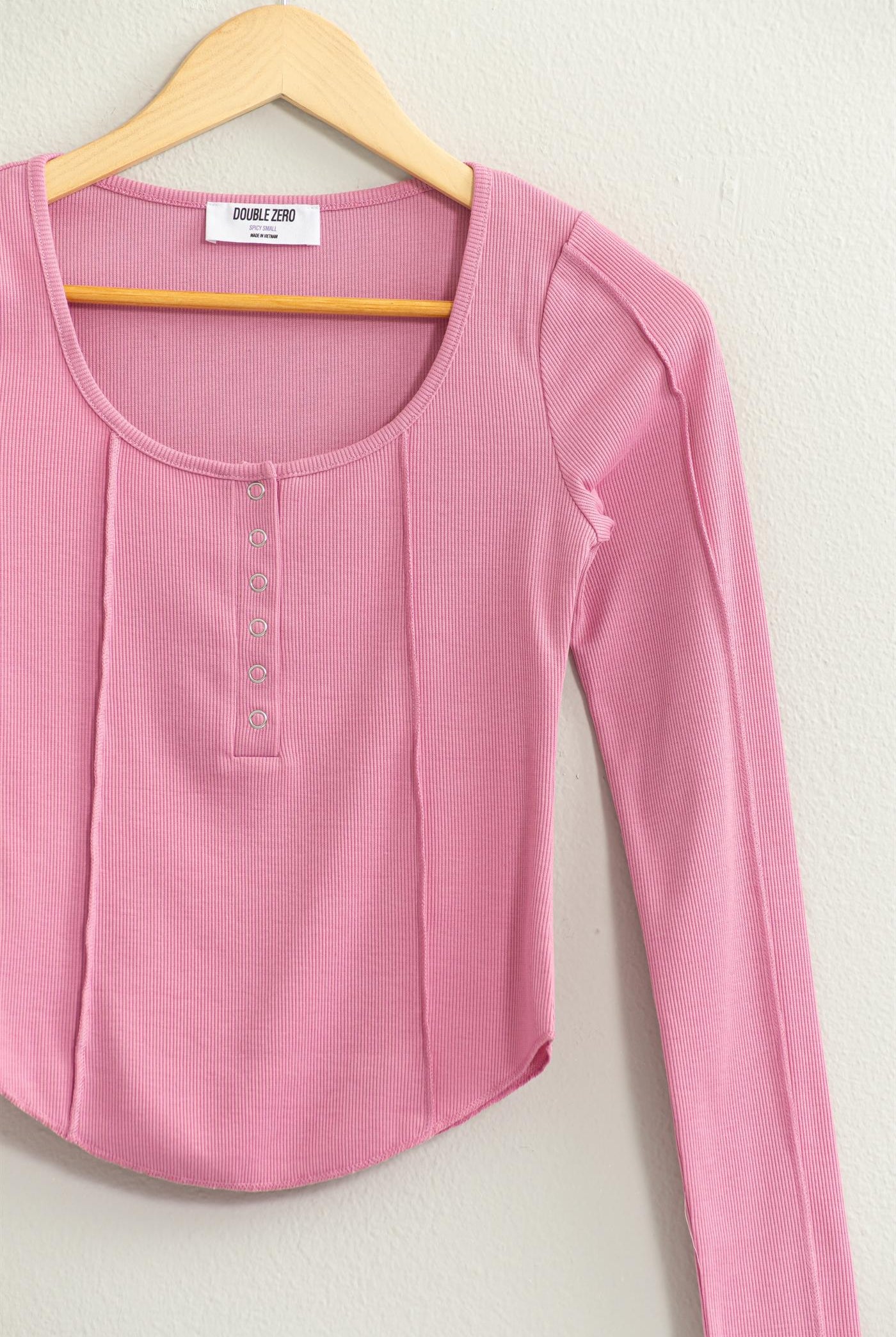 Wholesale Ribbed Long Sleeve Button Front Top Clothing Tops DZ25A025 ROSE PINK DOUBLE ZERO