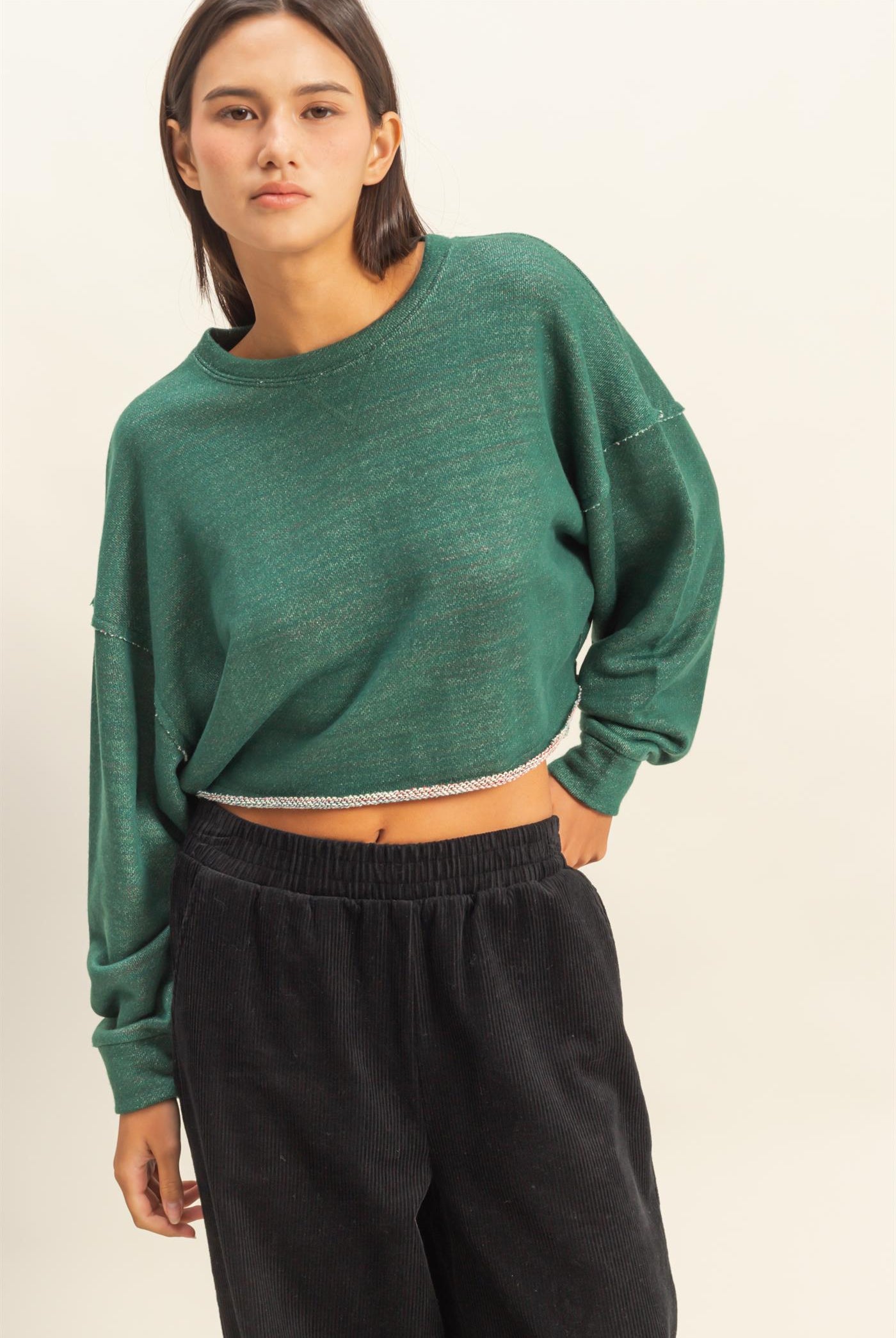 Wholesale Drop-Shoulder Cropped Top Clothing Tops DZ22G906 HUNTER GREEN DOUBLE ZERO