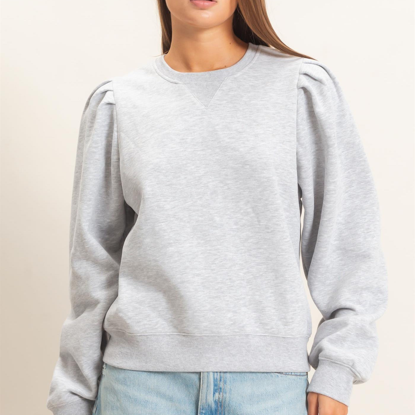 Wholesale Puff Sleeve Crew Neck Sweatshirt Sweatshirts DZ26E110 HEATHER GRAY DOUBLE ZERO