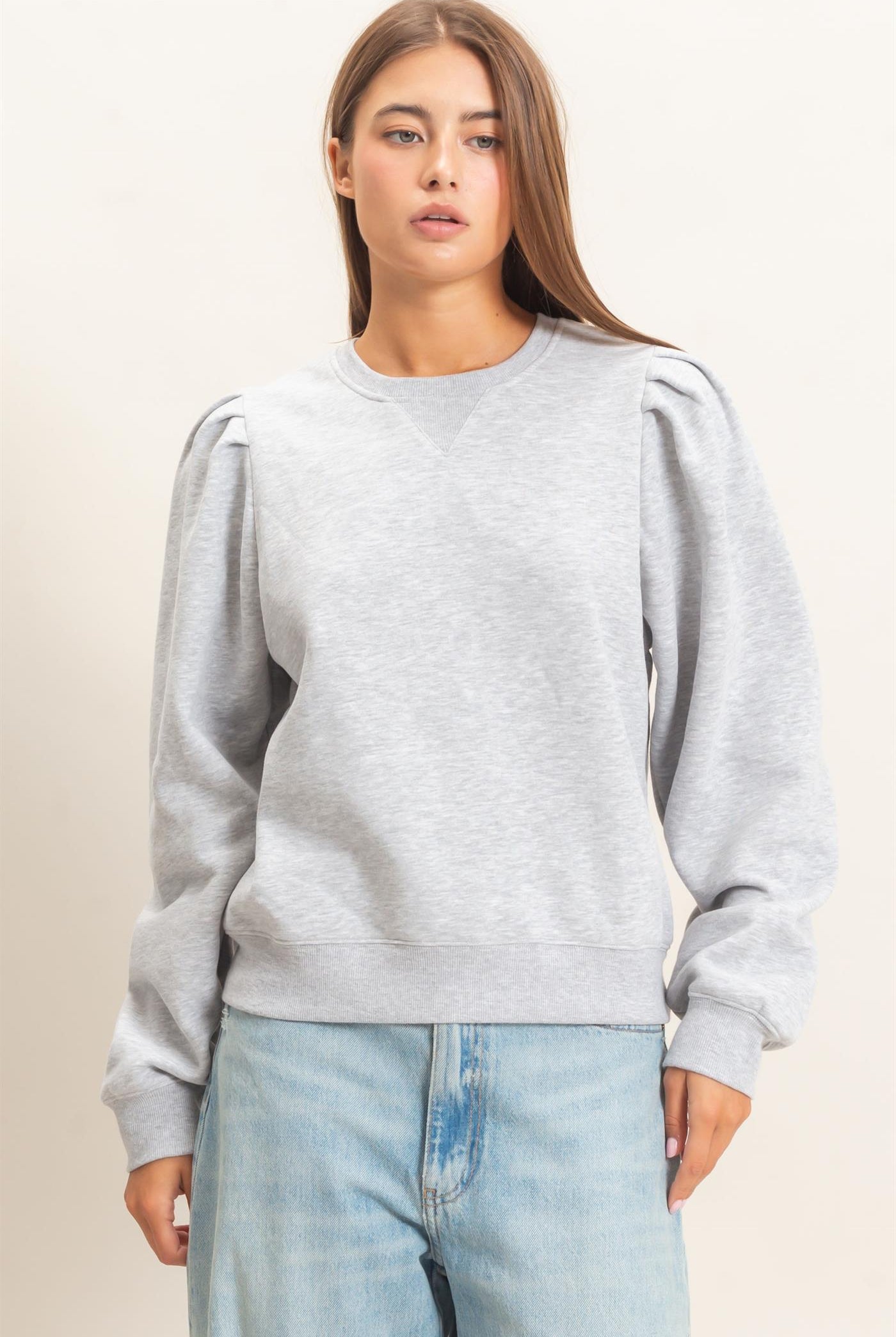 Wholesale Puff Sleeve Crew Neck Sweatshirt Sweatshirts DZ26E110 HEATHER GRAY DOUBLE ZERO