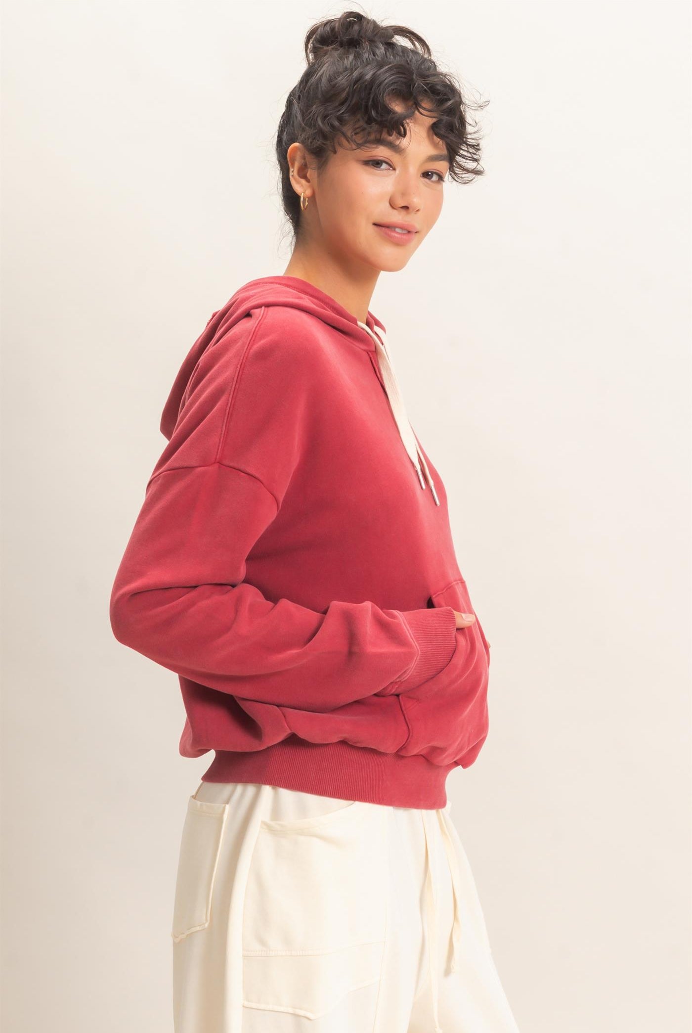 Wholesale Acid Wash Hoodie Clothing Tops DZ26E112 DARK RED DOUBLE ZERO